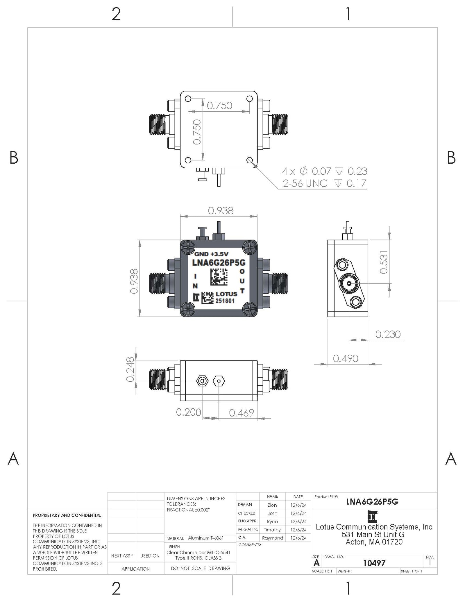 Low Noise Amplifier 2.5dB NF 6 - 26.5 GHz 20dB Gain 10dBm P1dB