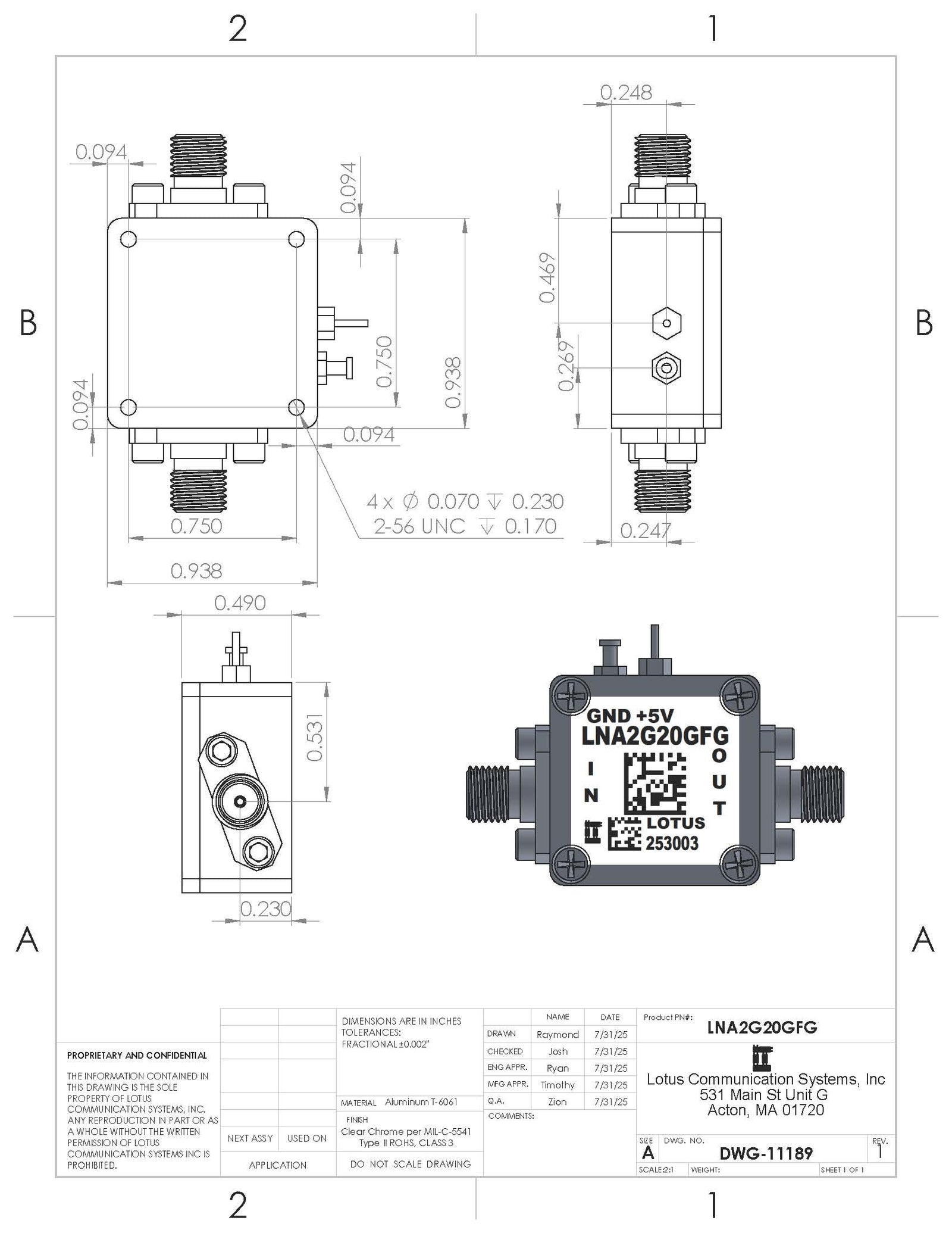 Low Noise Amplifier 3.0dB NF 2~20GHz 16dB Flat Gain 19.5dBm P1dB SMA
