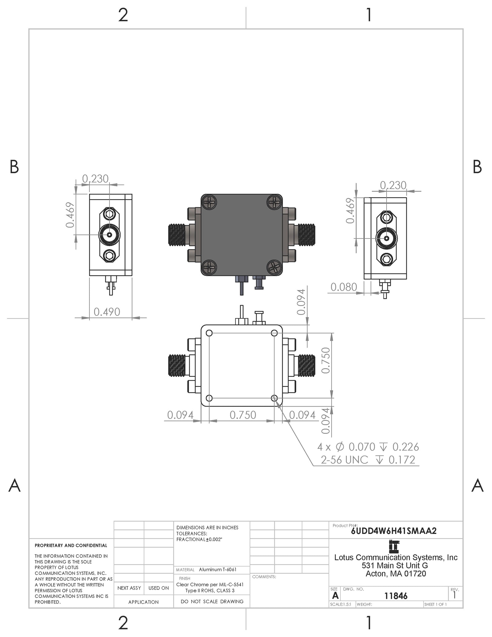 6UDD4W6H41SMAA2 Enclosure Kit for 0.042"/1mm PCB (size 0.5625"x0.5625") 2 SMA Active 0.48" Height