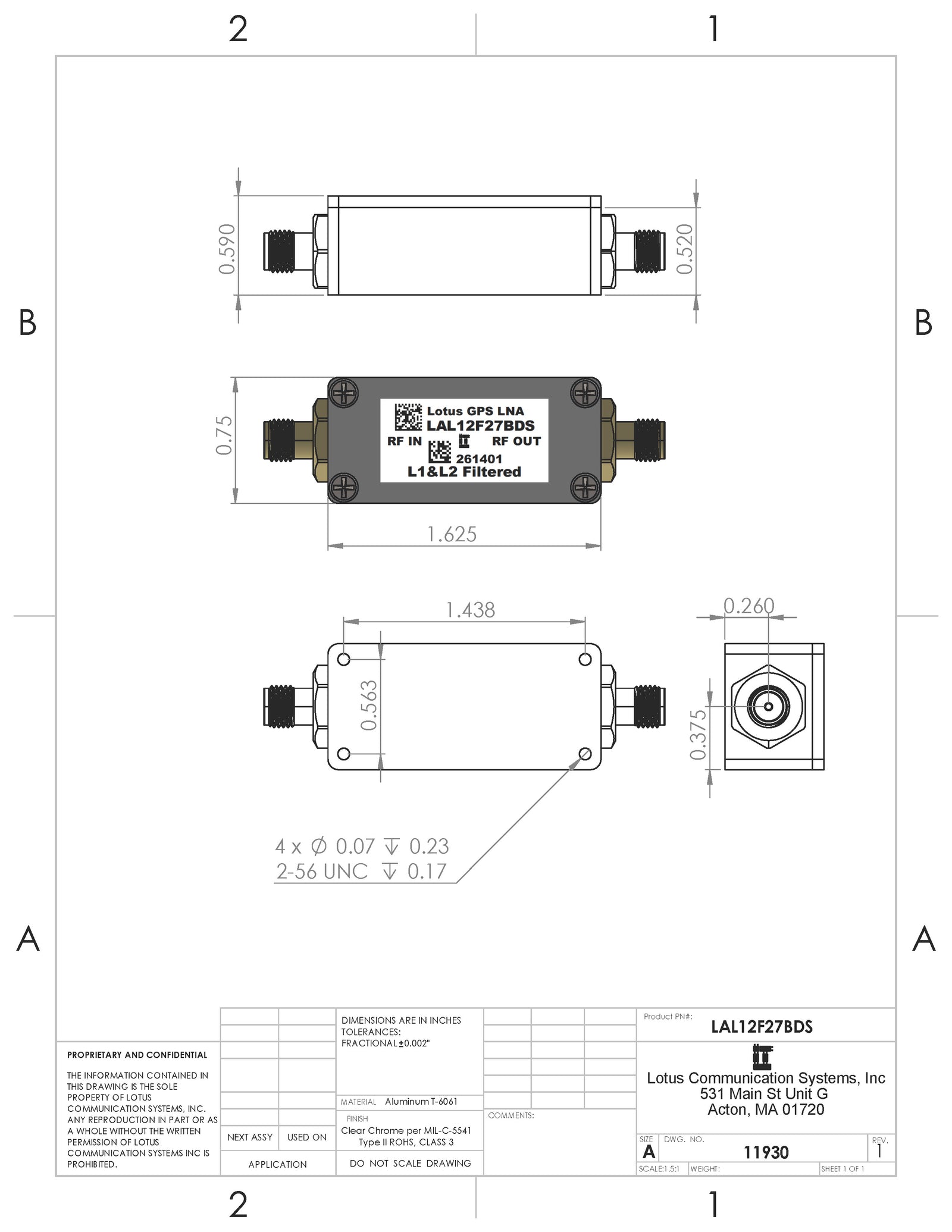 GPS/GNSS L1&L2 Filtered Inline Low Noise Amplifier 0.6dB NF 1.1G-1.7GHz 27dB Gain SMA