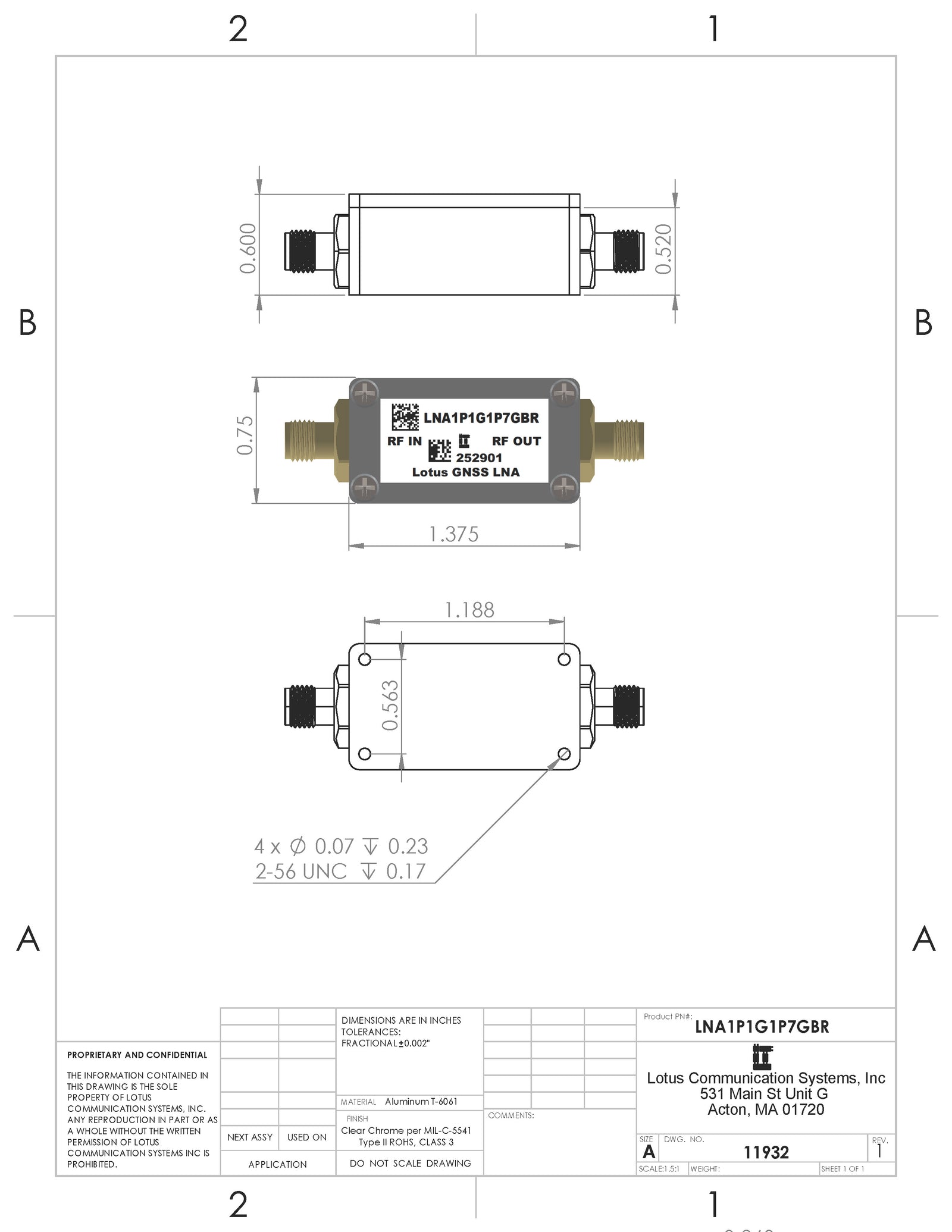 GPS/GNSS Low Noise Amplifier 0.6dB NF 1.1G-1.7GHz 29dB Gain 20dBm P1dB SMA