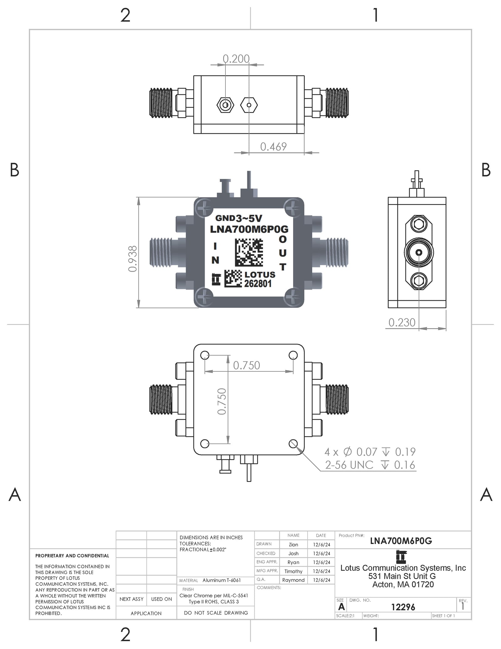 Low Noise Amplifier 0.4dB NF 0.7GHz to 6GHz 20dB Gain 20dBm P1dB SMA