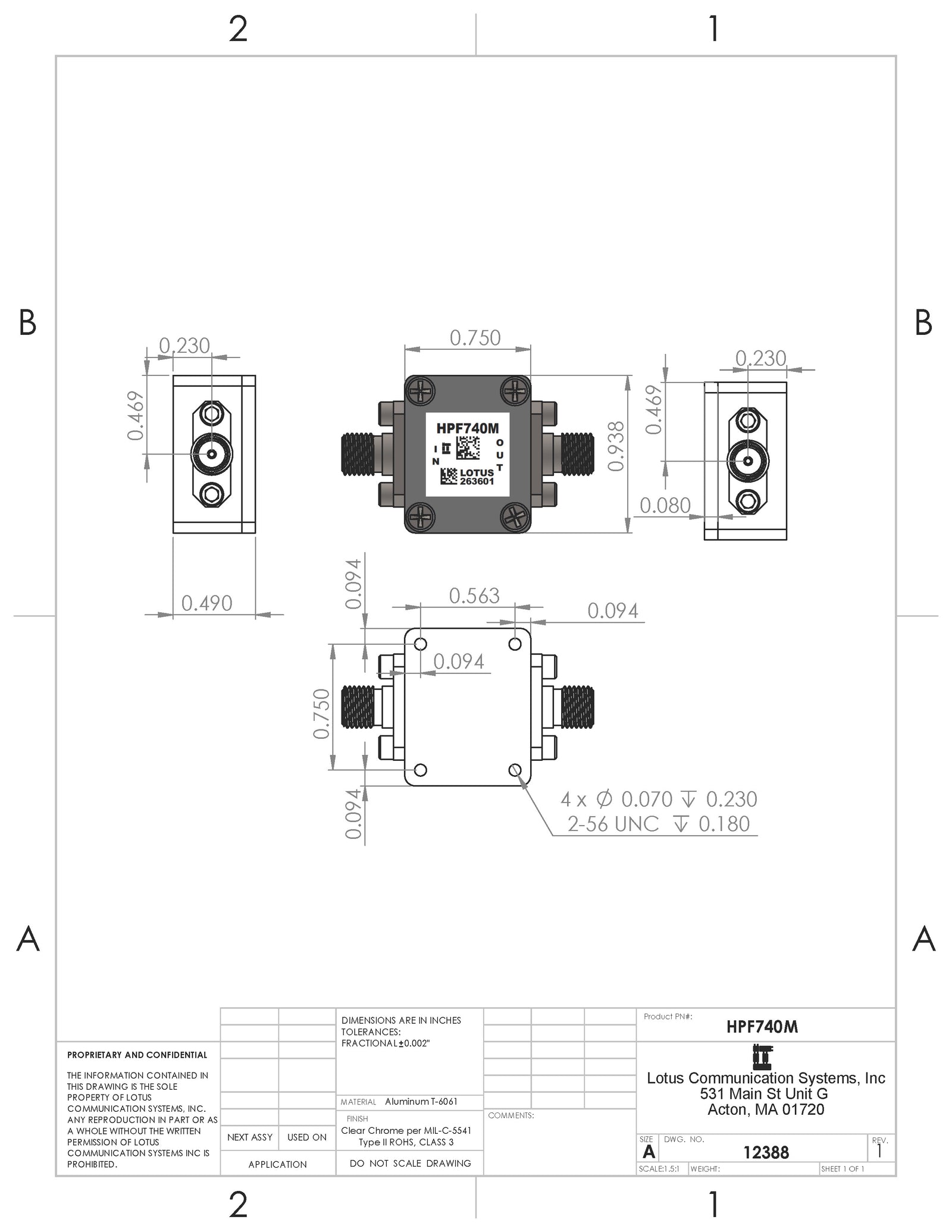 High Pass Filter (LTCC Construction) HPF740M Pass Band 780M - 2800MHz