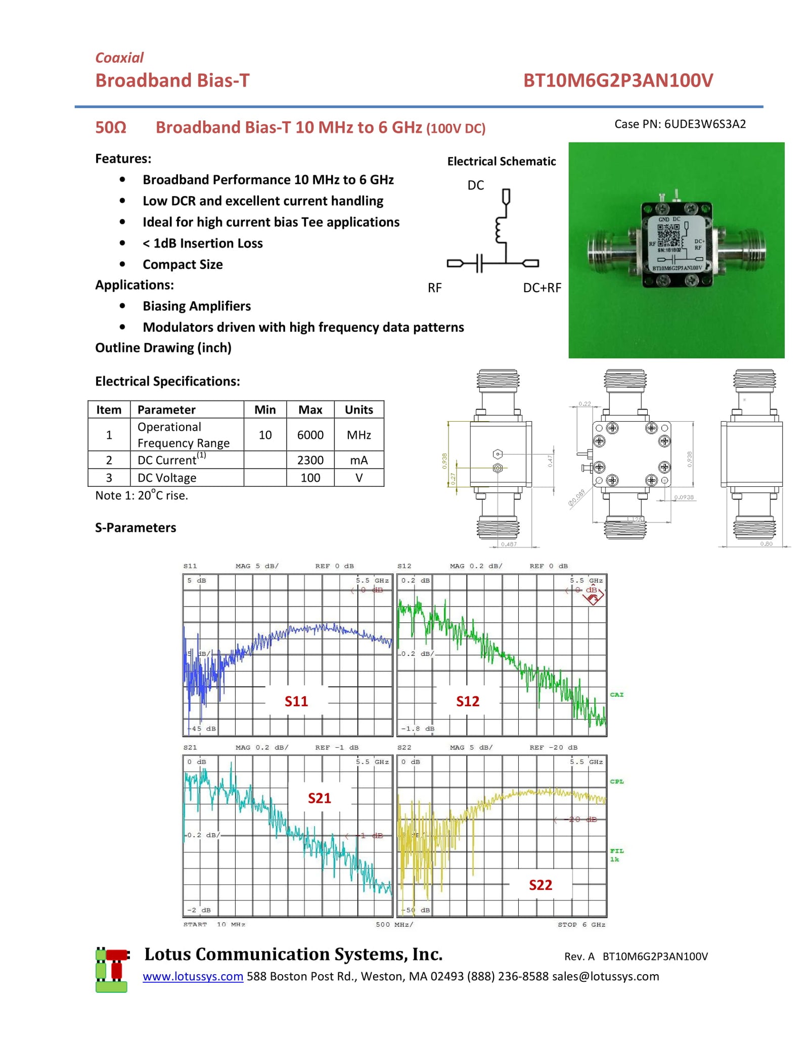 N Connector Bias Tee Broadband 10 MHz to 6 GHz (Max. 2.3A 100V DC)