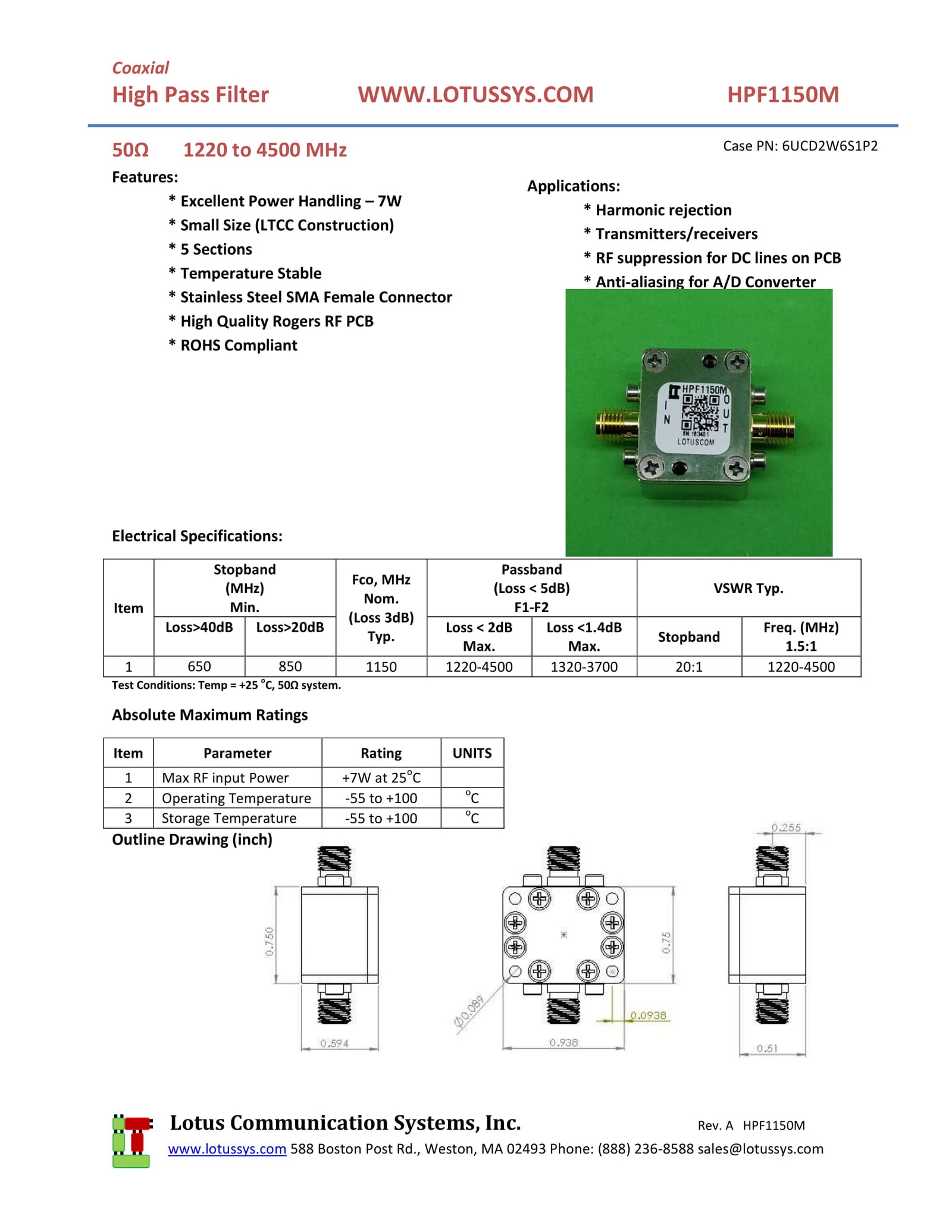 High Pass Filter (LTCC Construction) HPF1150M Pass Band 1220M - 4500MHz