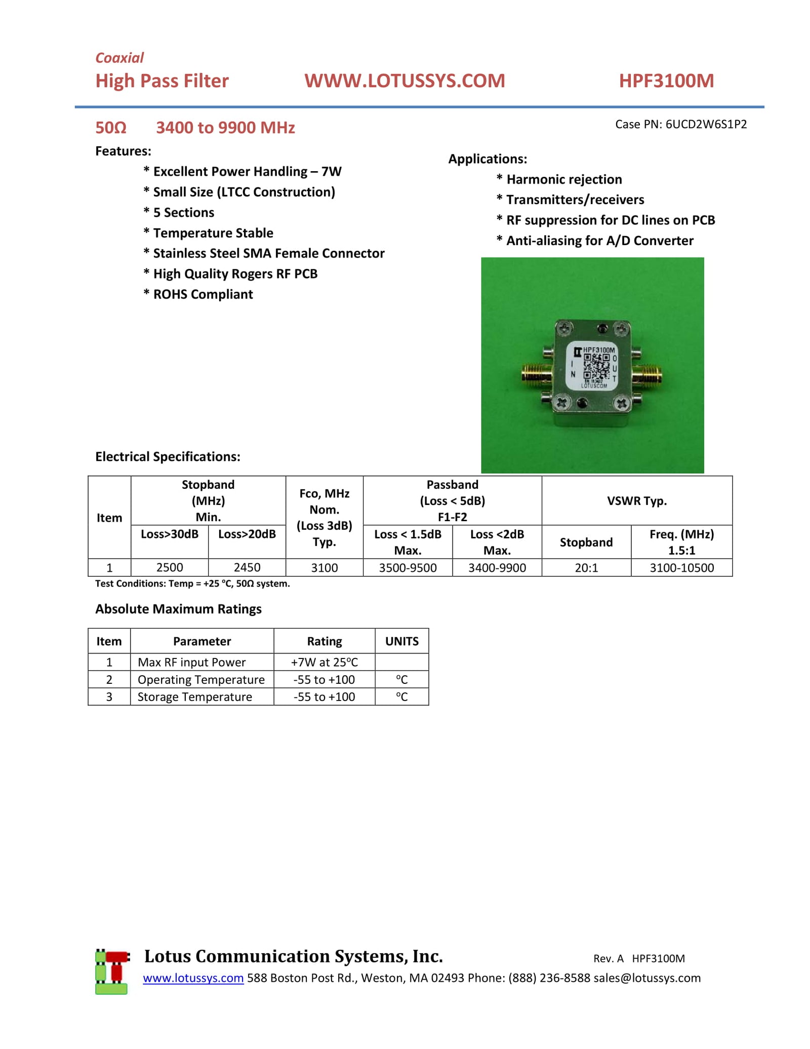High Pass Filter (LTCC Construction) HPF3100M Pass Band 3.4G - 9.9GHz