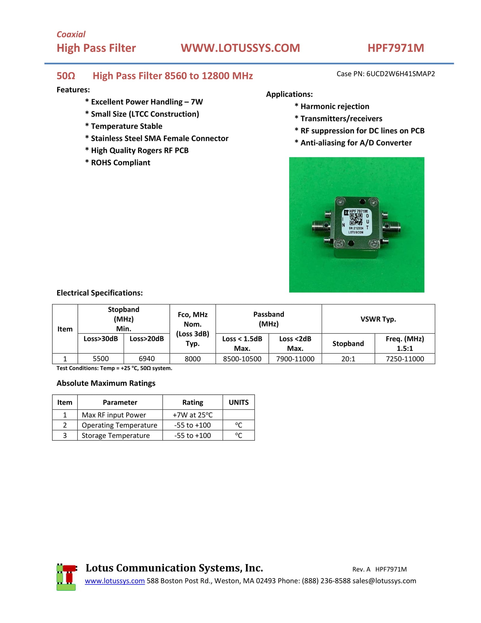 High Pass Filter (LTCC Construction) HPF7971M Pass Band 8.5G - 12.8 GHz