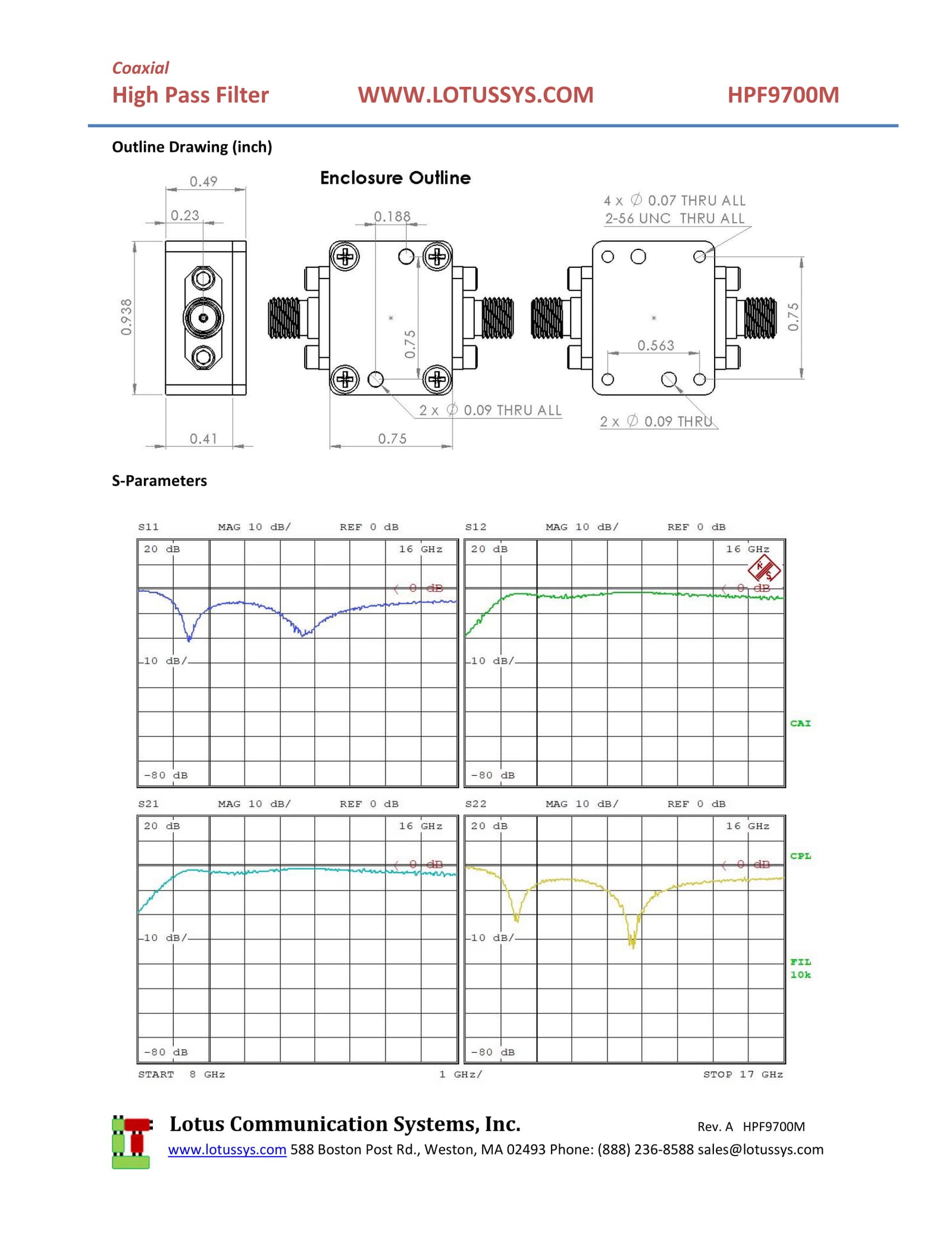 High Pass Filter (LTCC Construction) HPF9700M Pass Band 9.7G - 17 GHz