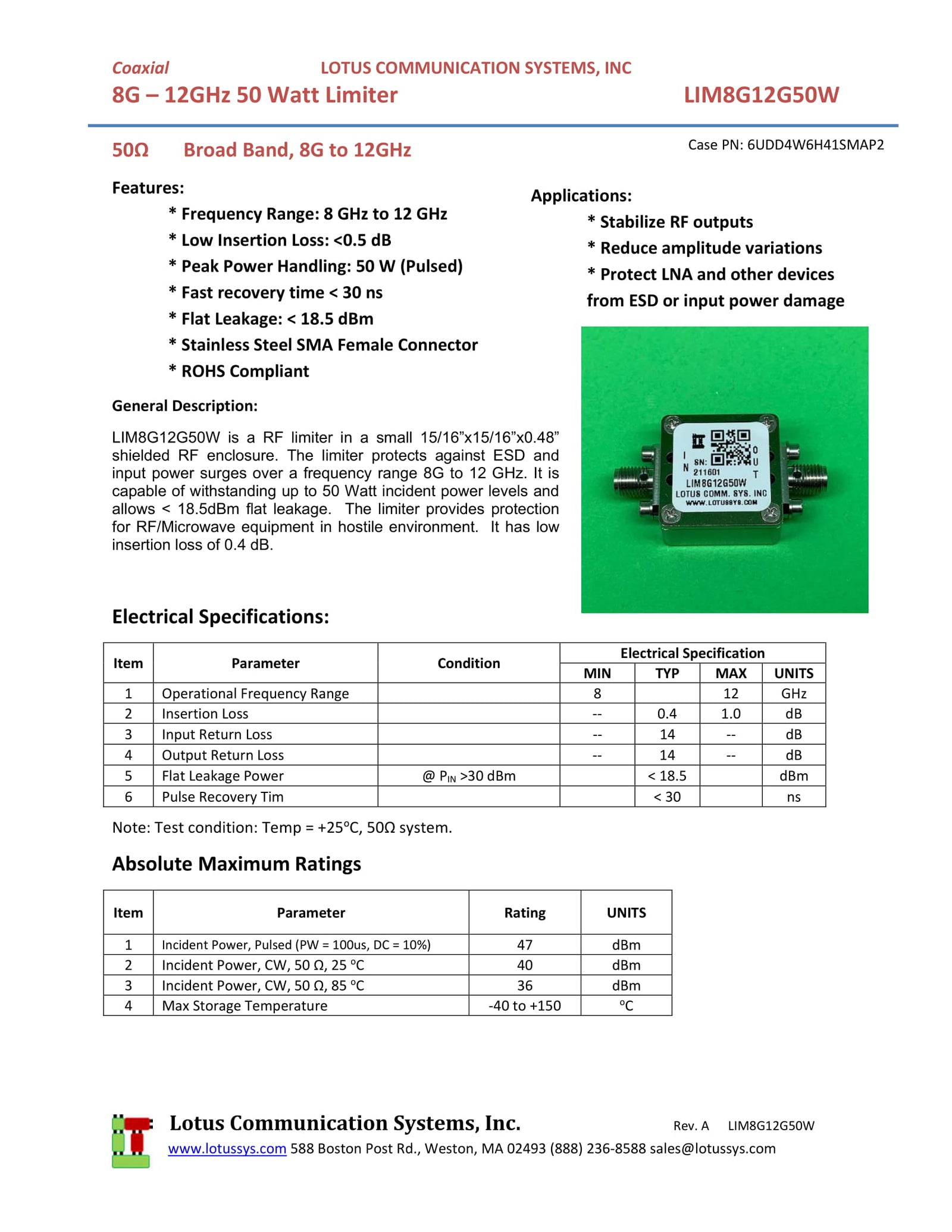 RF Limiter 8G - 12 GHz 50 Watts