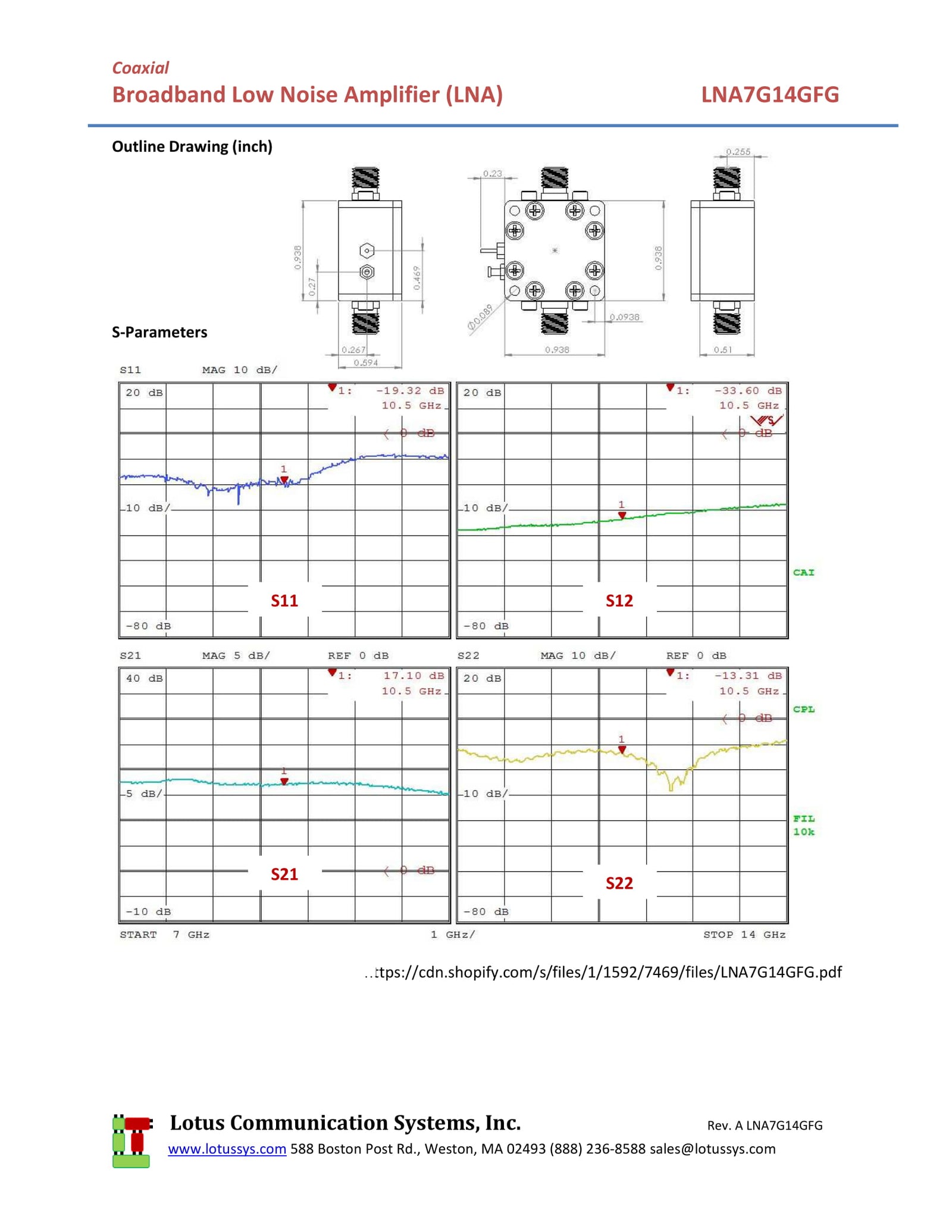 Low Noise Amplifier 1.8dB NF 7GHz to 14GHz 17dB Flat Gain 13dBm P1dB SMA