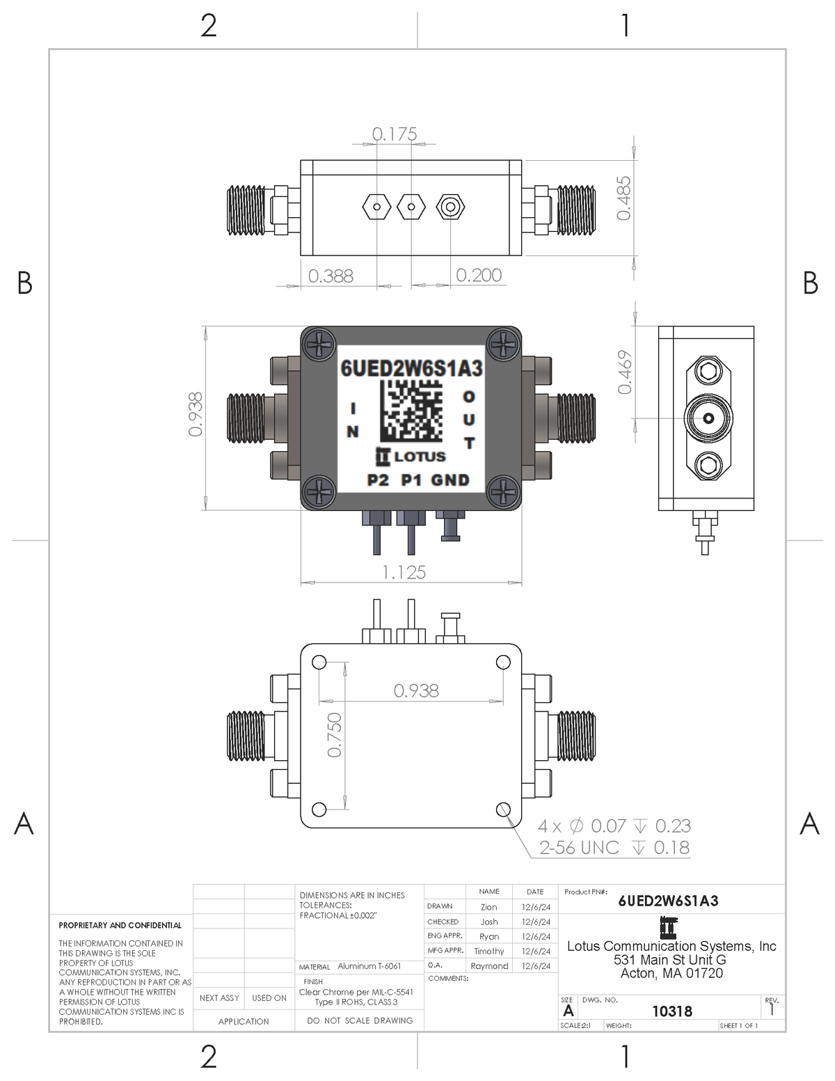 6UED2W6S1A3 Enclosure Kit for 0.020"/0.5mm PCB (size 0.75"x0.5625") 2 SMA 2 Active 0.58" Height