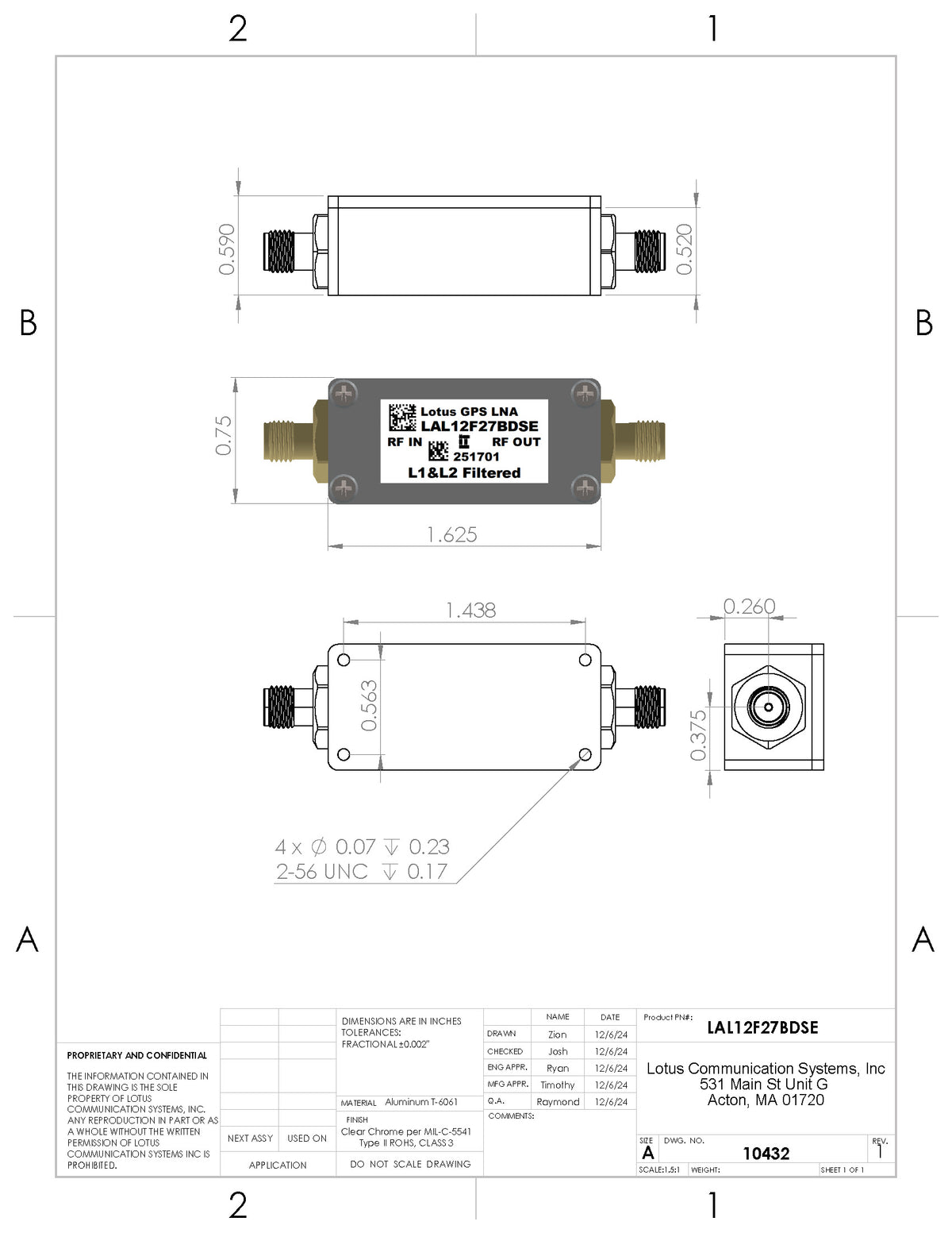 GPS/GNSS L1&L2 Filtered Inline Low Noise Amplifier 0.6dB NF 1.1-1.7GHz 27dB Gain SMA (EMI Shielded)