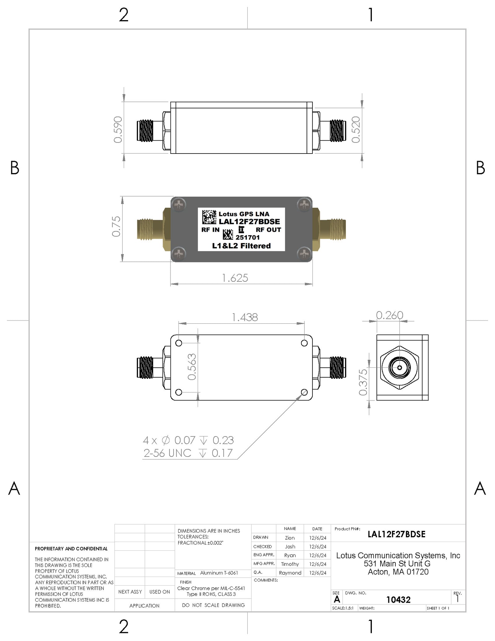 GPS/GNSS L1&L2 Filtered Inline Low Noise Amplifier 0.6dB NF 1.1-1.7GHz 27dB Gain SMA (EMI Shielded)
