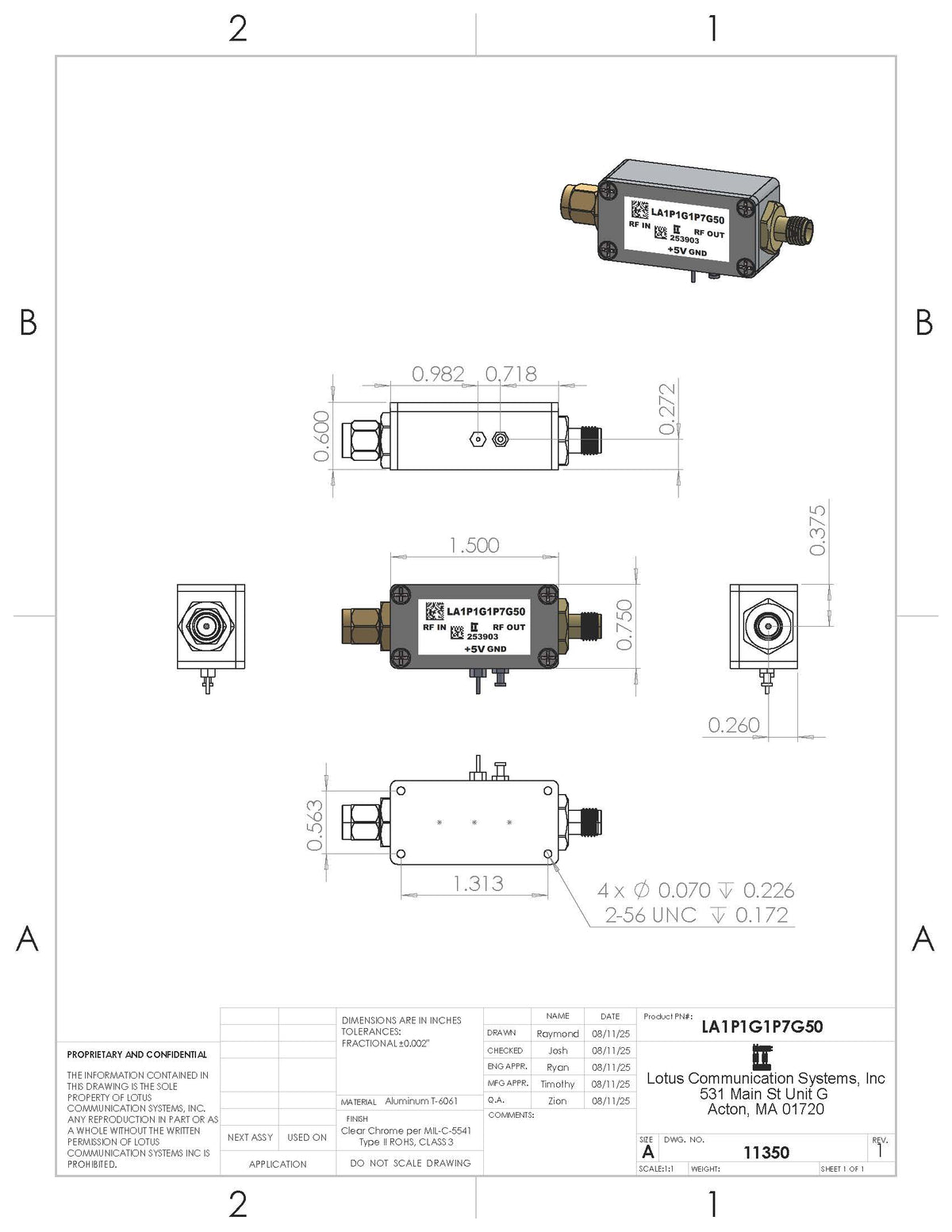 GPS/GNSS Low Noise Amplifier 0.6dB NF 1.1G-1.7GHz 50dB Gain