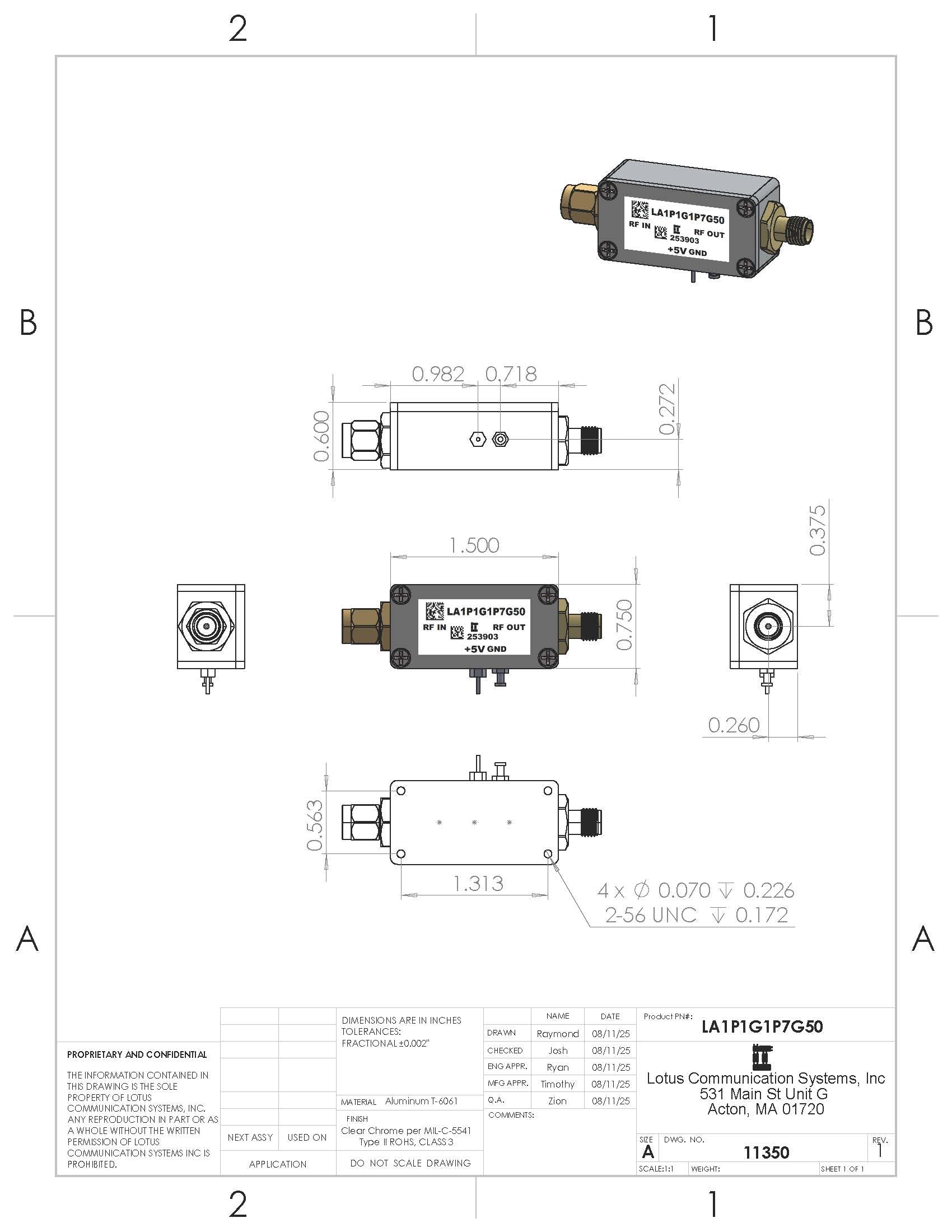 GPS/GNSS Low Noise Amplifier 0.6dB NF 1.1G-1.7GHz 50dB Gain