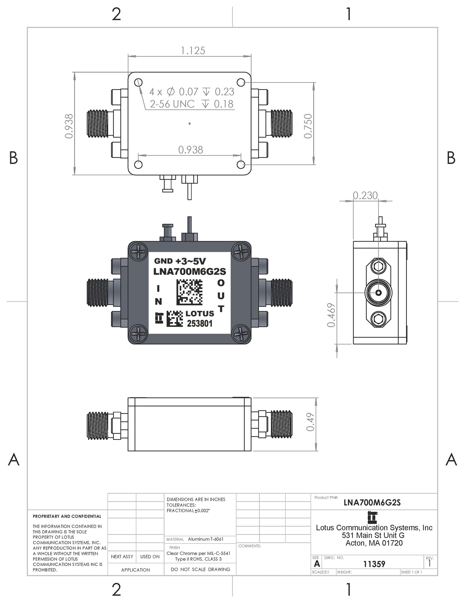 Low Noise Amplifier 0.4dB NF 0.7~6GHz 40dB Gain 20dBm P1dB SMA - 2 Stage High Gain