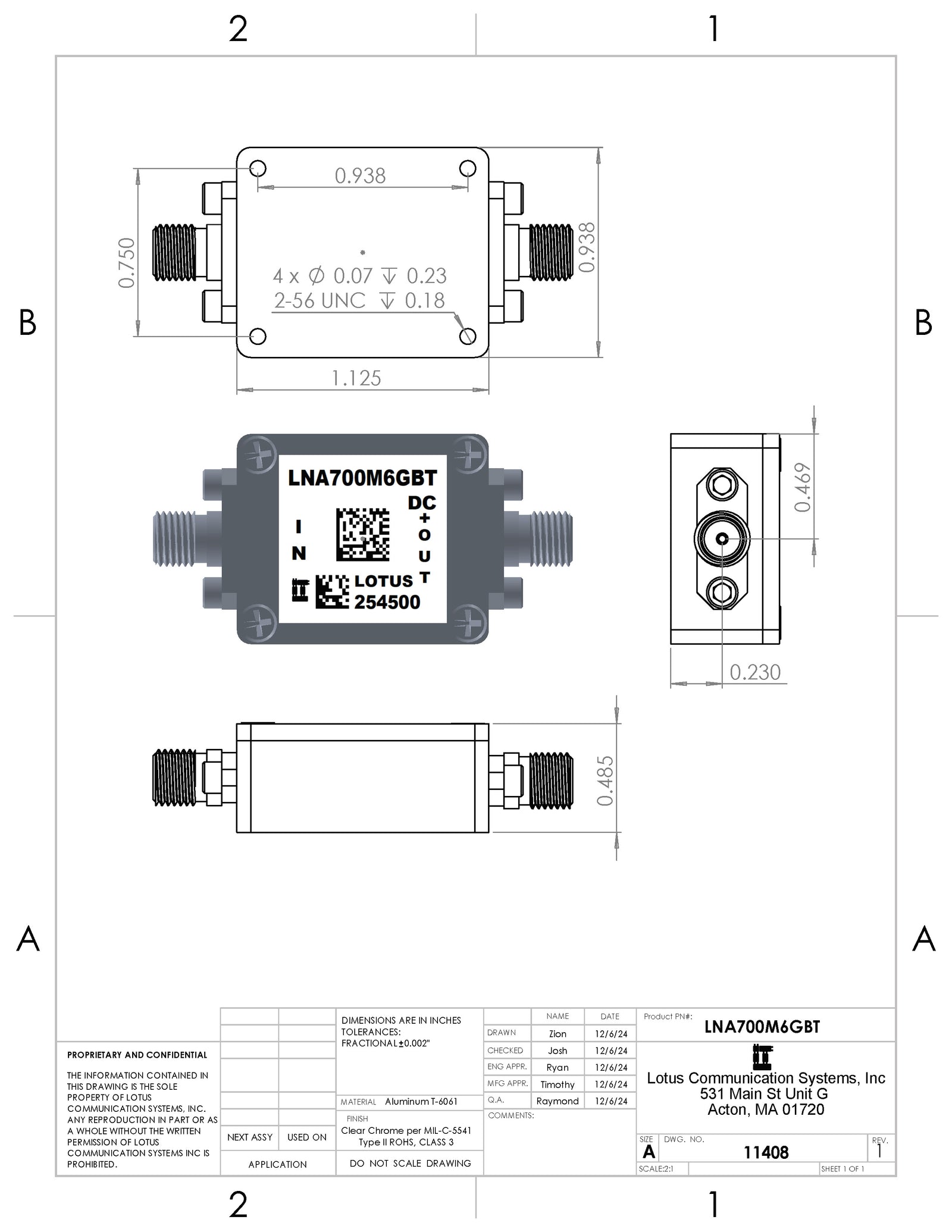 Broadband Low Noise Amplifier 0.4dB NF 0.7GHz to 6GHz 20dB Gain with Bias Tee