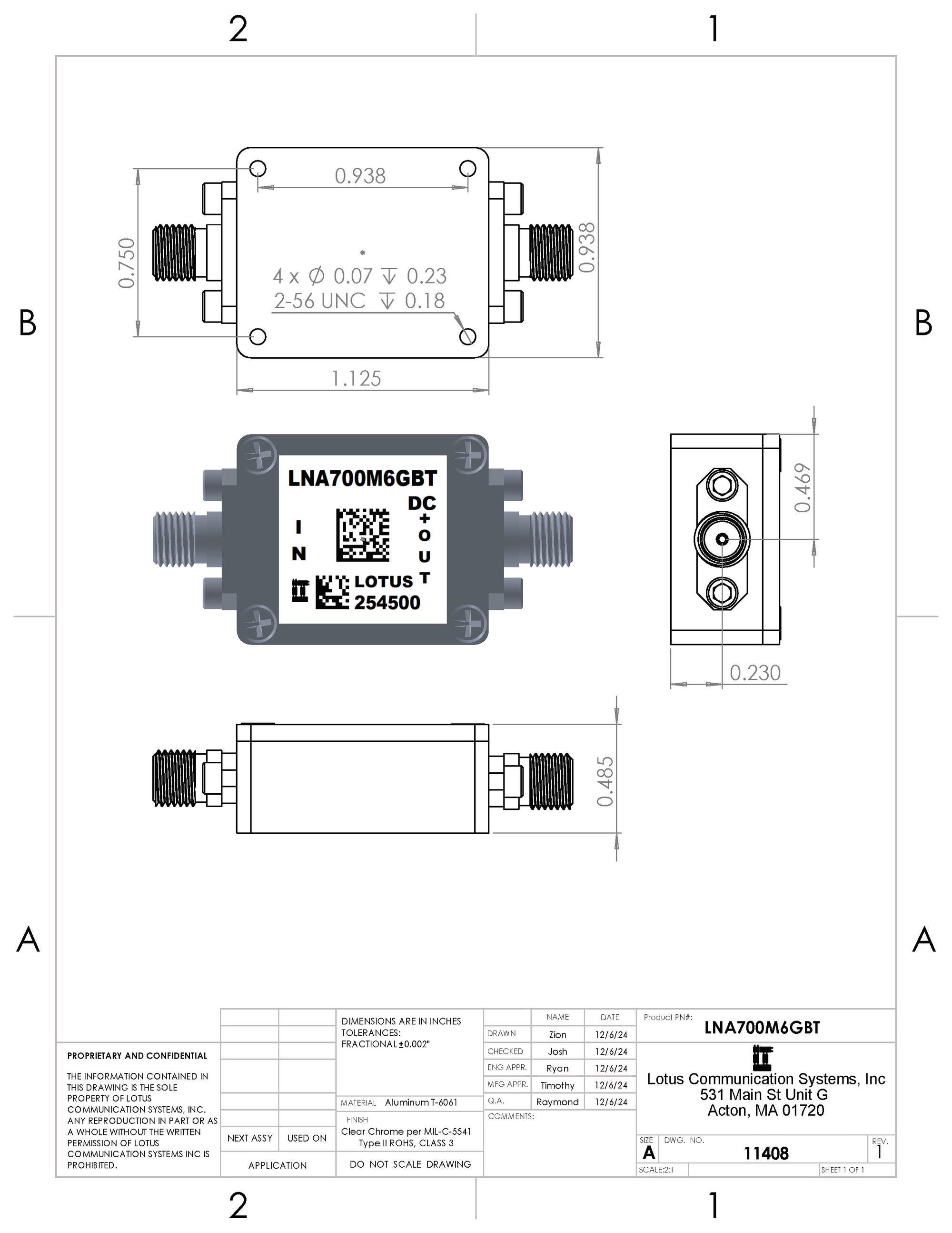 Broadband Low Noise Amplifier 0.4dB NF 0.7GHz to 6GHz 20dB Gain with Bias Tee
