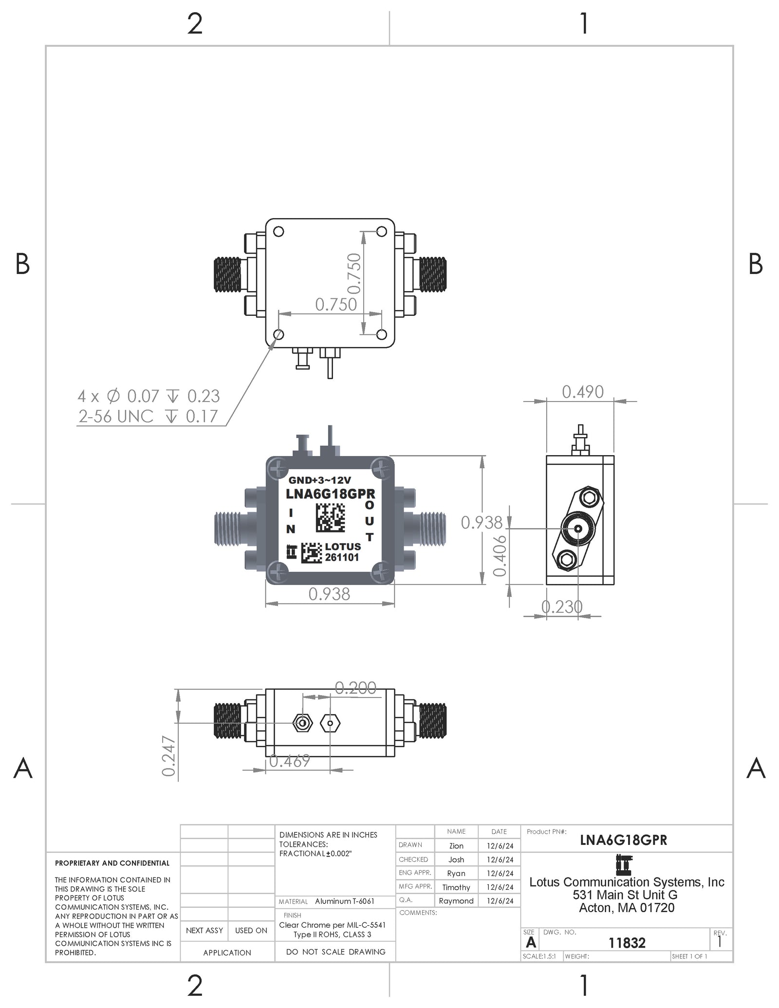 Low Noise Amplifier1.2dB NF 6GHz to 18GHz 21dB Gain Positive Gain Slope Wide Voltage