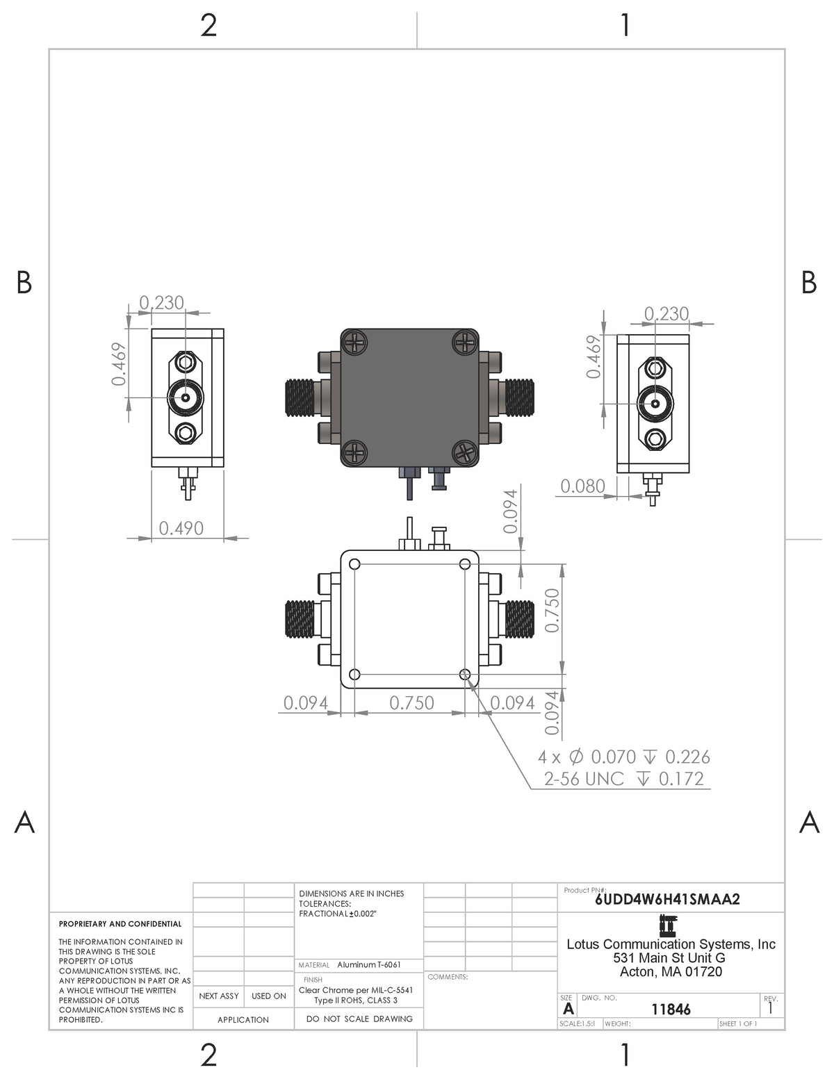 6UDD4W6H41SMAA2 Enclosure Kit for 0.042"/1mm PCB (size 0.5625"x0.5625") 2 SMA Active 0.48" Height