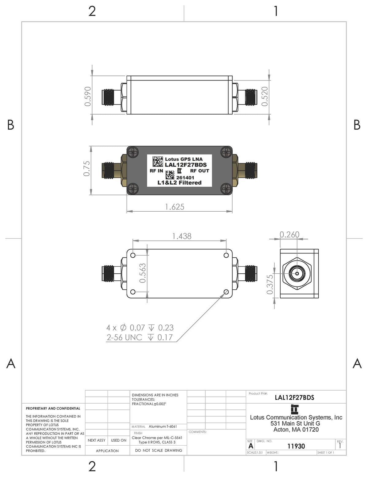 GPS/GNSS L1&L2 Filtered Inline Low Noise Amplifier 0.6dB NF 1.1G-1.7GHz 27dB Gain SMA