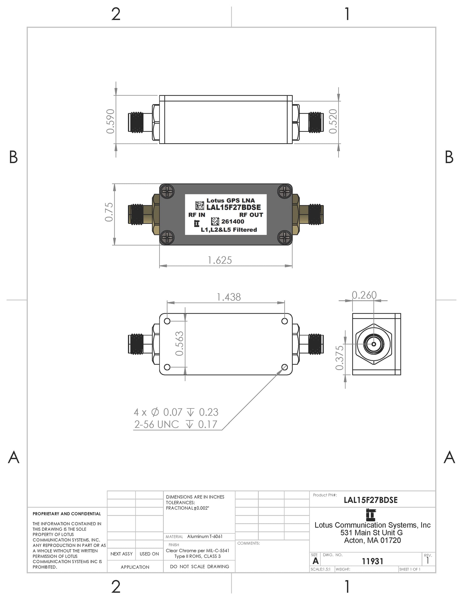 GPS/GNSS L1,L2&L5 Filtered Inline Low Noise Amplifier 1.6dB NF 1.1G-1.7GHz 27dB Gain SMA (EMI Shielded)