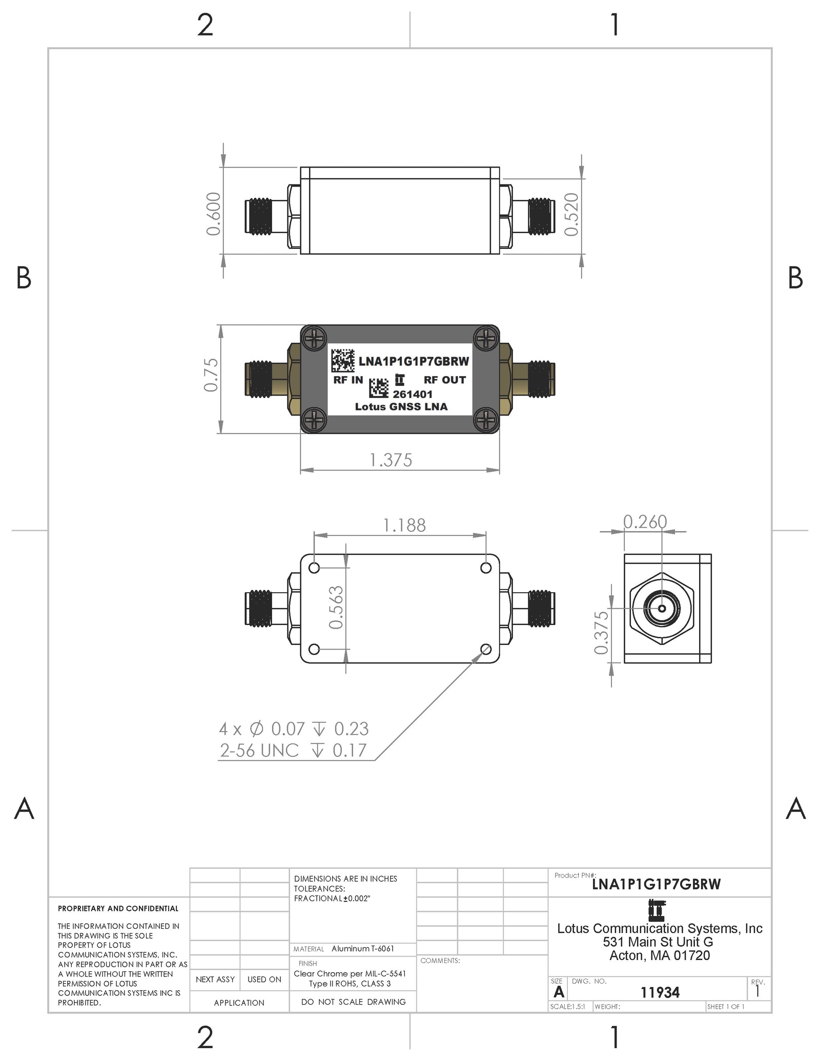 GPS/GNSS Low Noise Amplifier 0.6dB NF 1.1G-1.7GHz 29dB Gain 20dBm P1dB SMA EMI Shielded