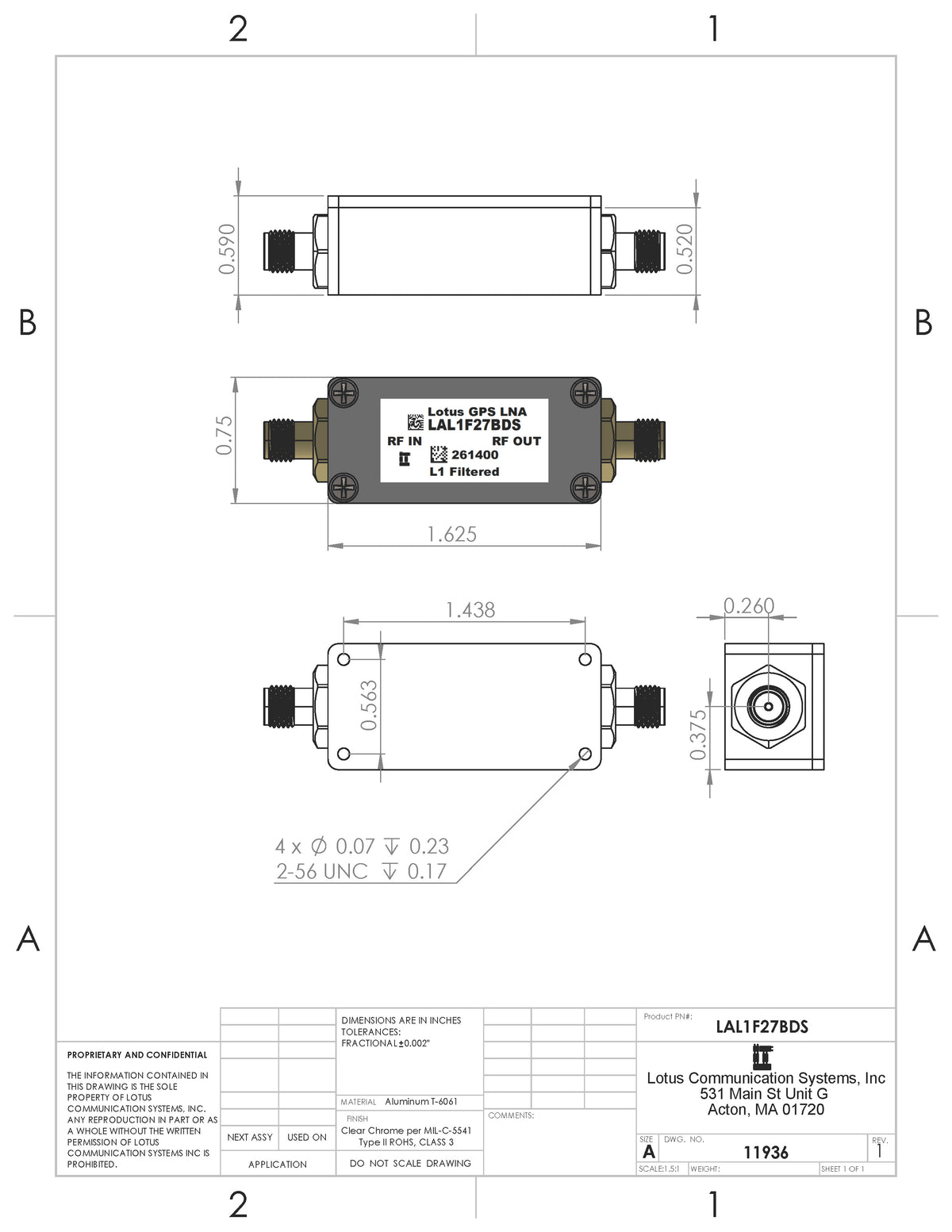 GPS/GNSS L1 & Galileo E1 Filtered Inline Low Noise Amplifier 1.7dB NF 28dB Gain SMA