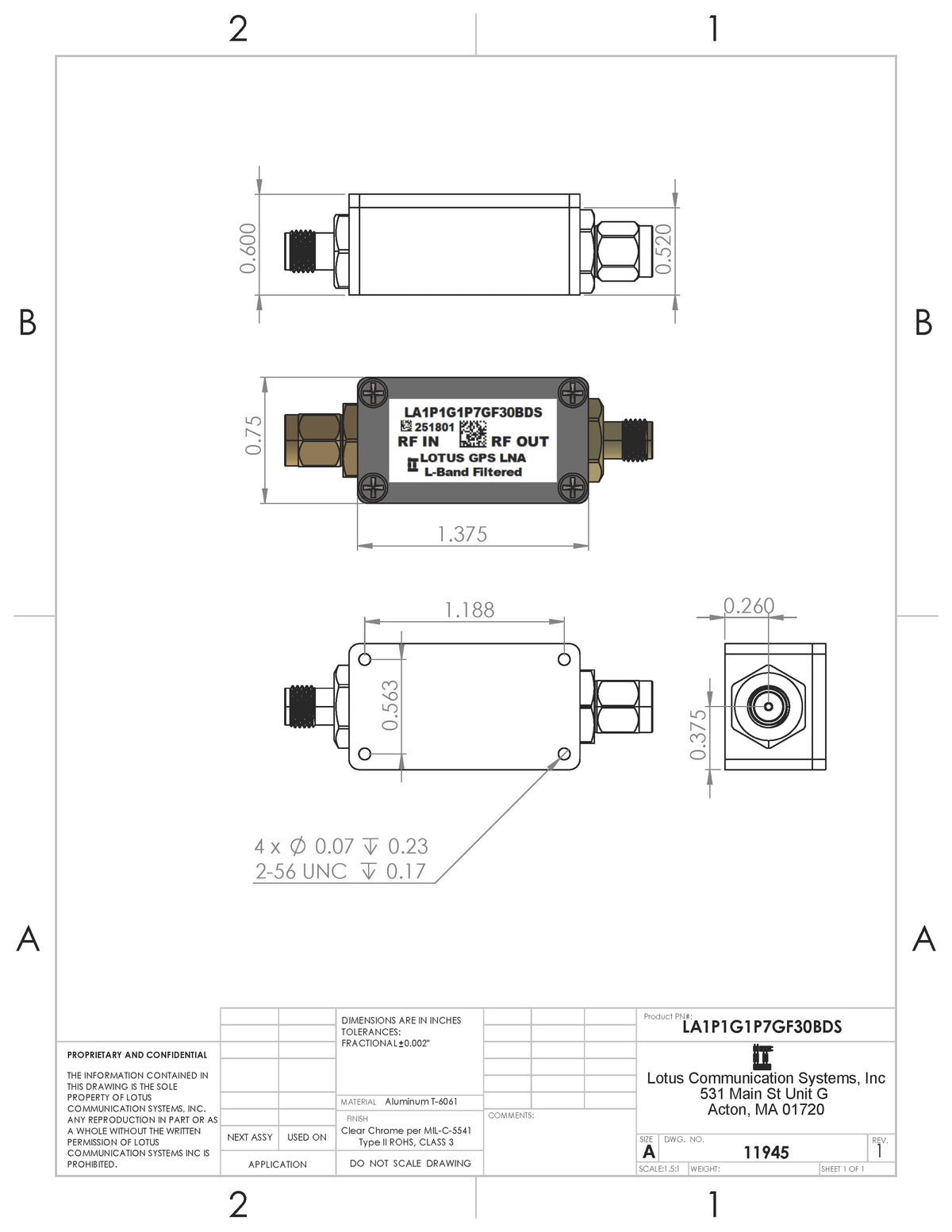 GPS/GNSS Low Noise Amplifier 0.6dB NF 1.1G-1.7GHz 30dB Gain L-Band Filtered