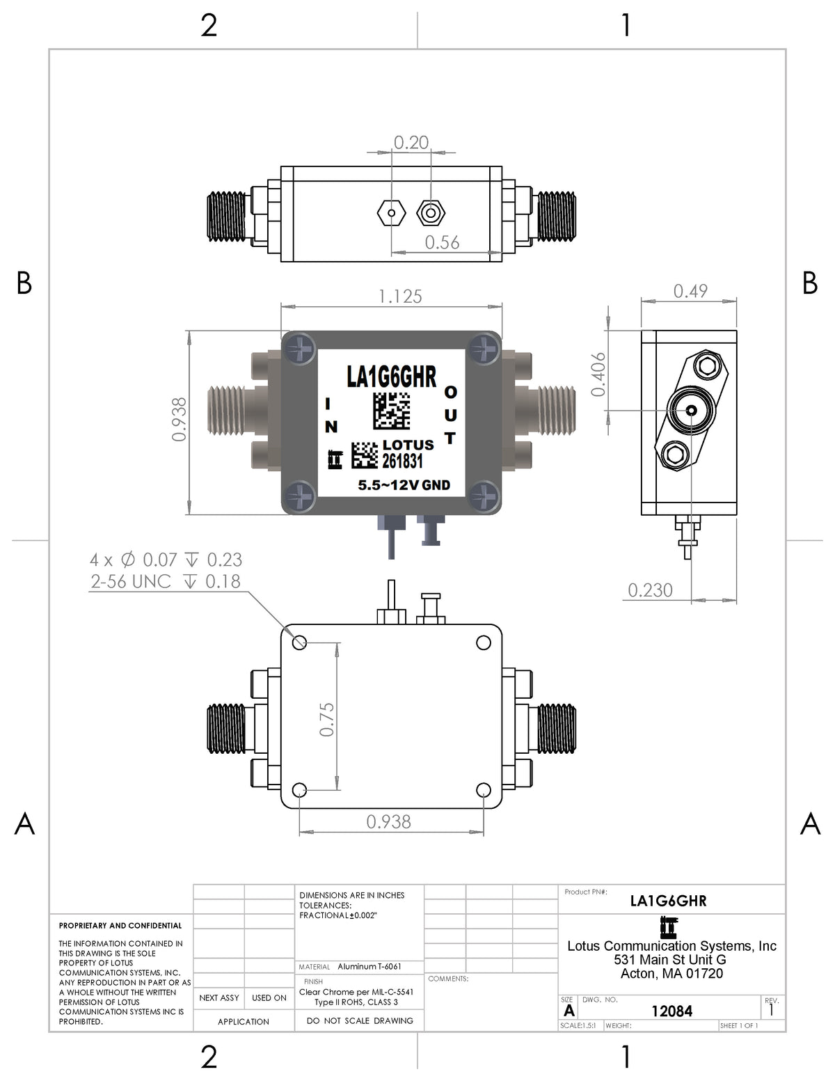 Low Noise Amplifier 1.0dB NF 1GHz to 6GHz 34dB Gain SMA