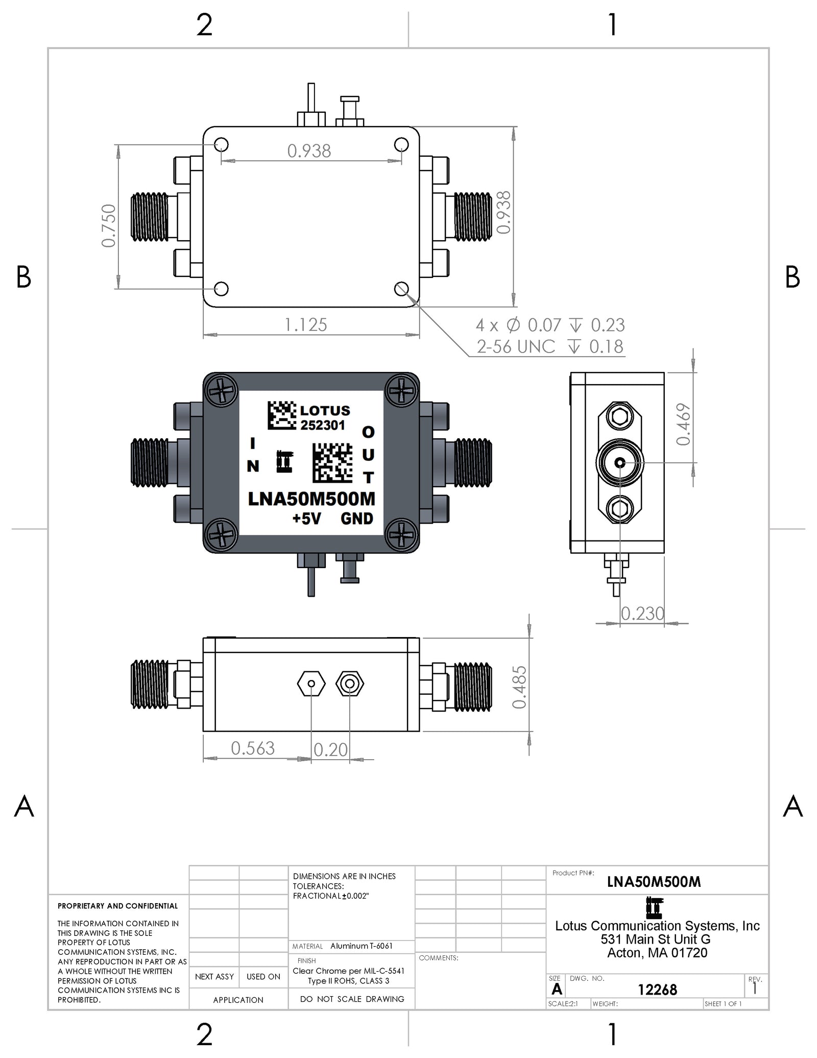 Low Noise Amplifier 1.0dB NF 50MHz to 500MHz 23dB Gain 20dBm P1dB SMA LNA50M500M