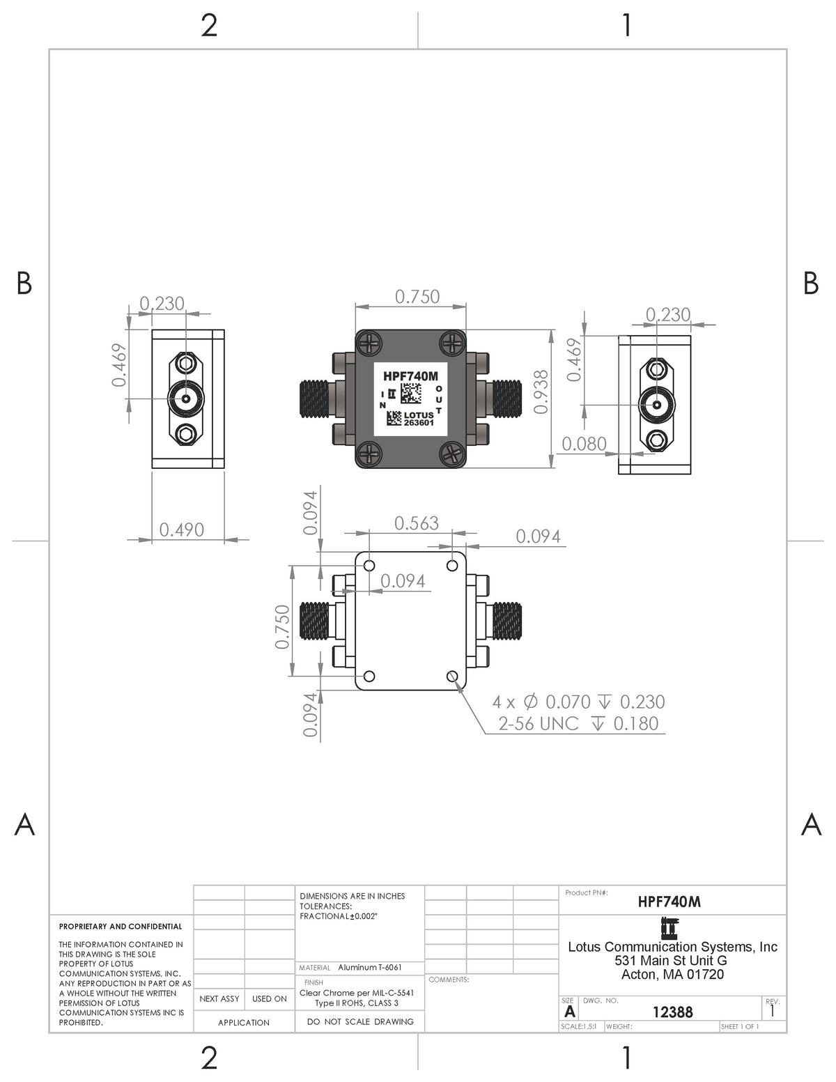 High Pass Filter (LTCC Construction) HPF740M Pass Band 780M - 2800MHz