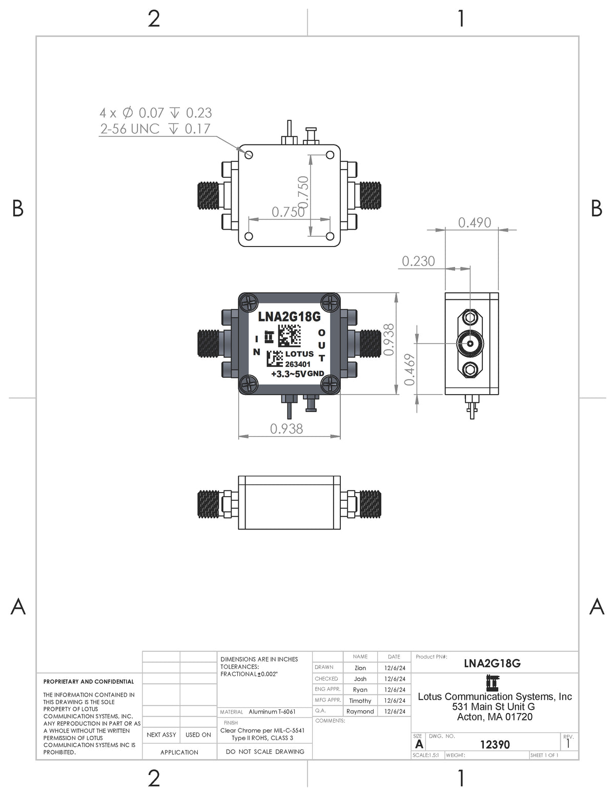 Low Noise Amplifier 1.4dB NF 2~18GHz 20dB Gain 13dBm P1dB SMA