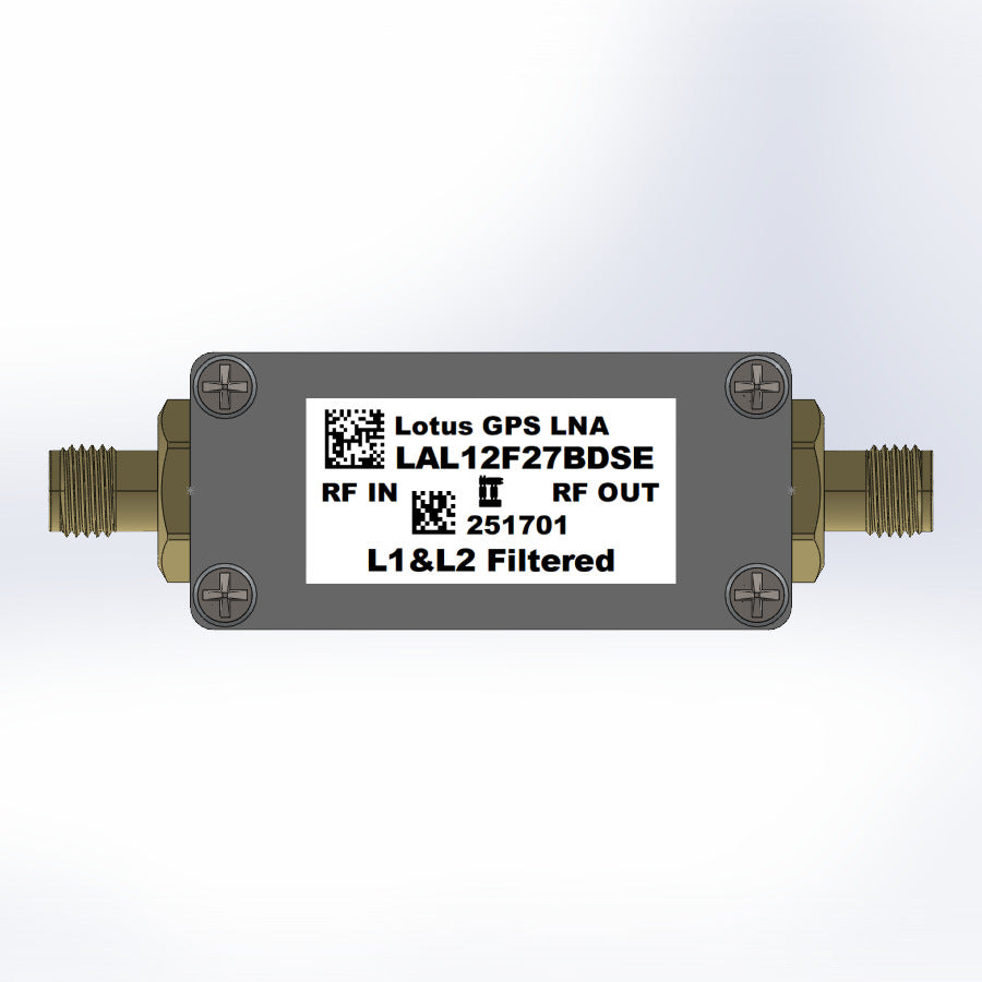 GPS/GNSS L1&amp;L2 Filtered Inline Low Noise Amplifier 0.6dB NF 1.1-1.7GHz 27dB Gain SMA (EMI Shielded)