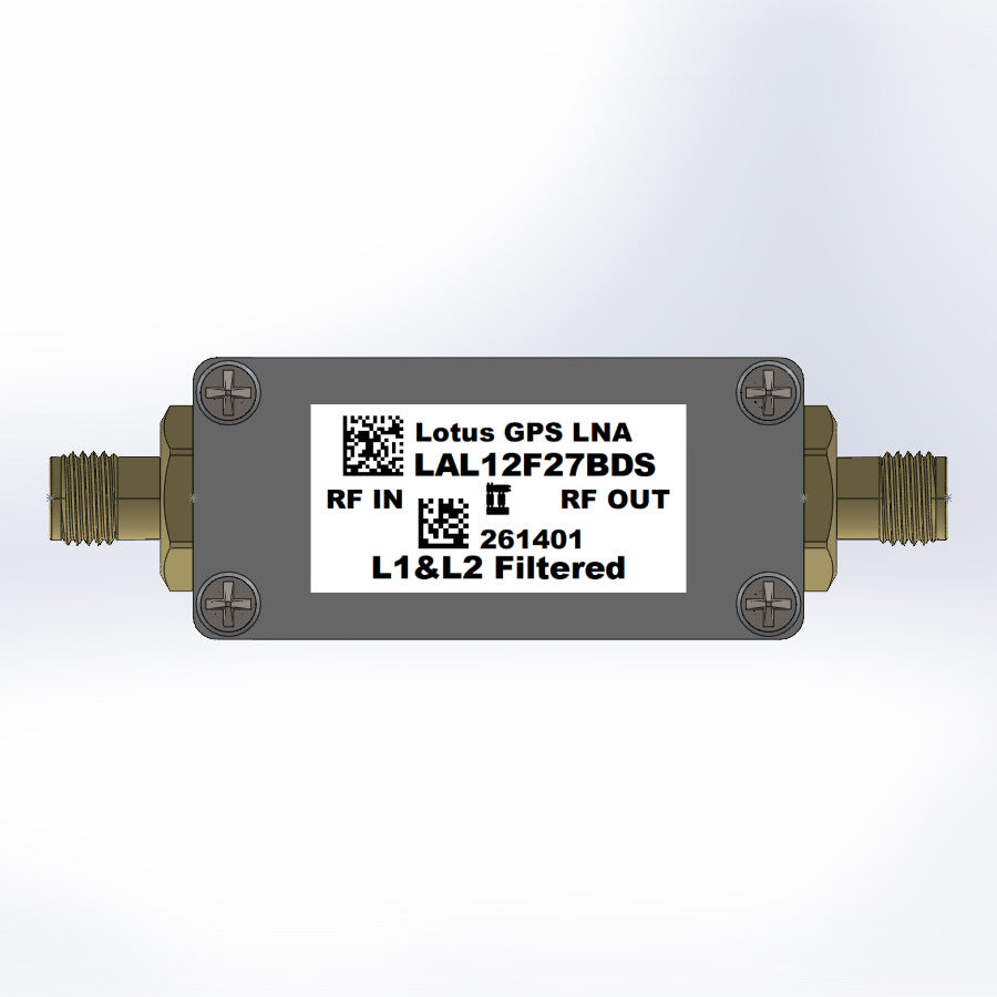 GPS/GNSS L1&amp;L2 Filtered Inline Low Noise Amplifier 0.6dB NF 1.1G-1.7GHz 27dB Gain SMA