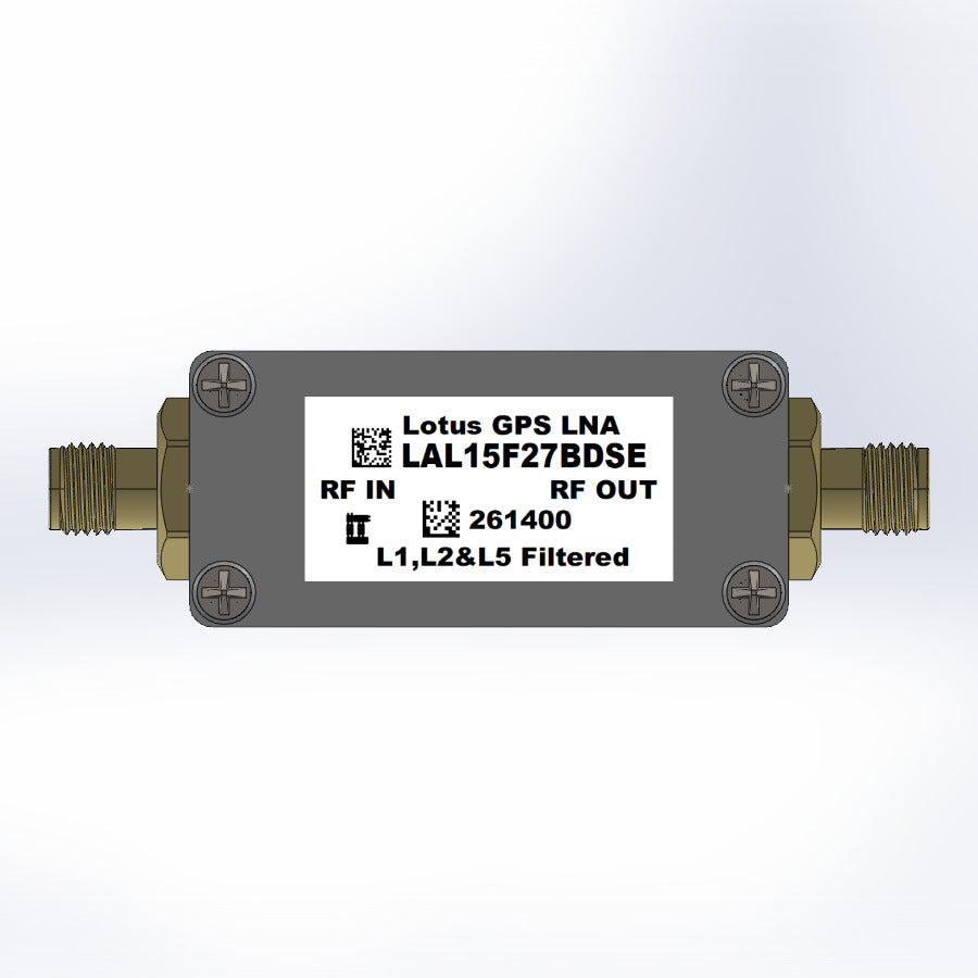GPS/GNSS L1,L2&L5 Filtered Inline Low Noise Amplifier 1.6dB NF 1.1G-1.7GHz 27dB Gain SMA (EMI Shielded)