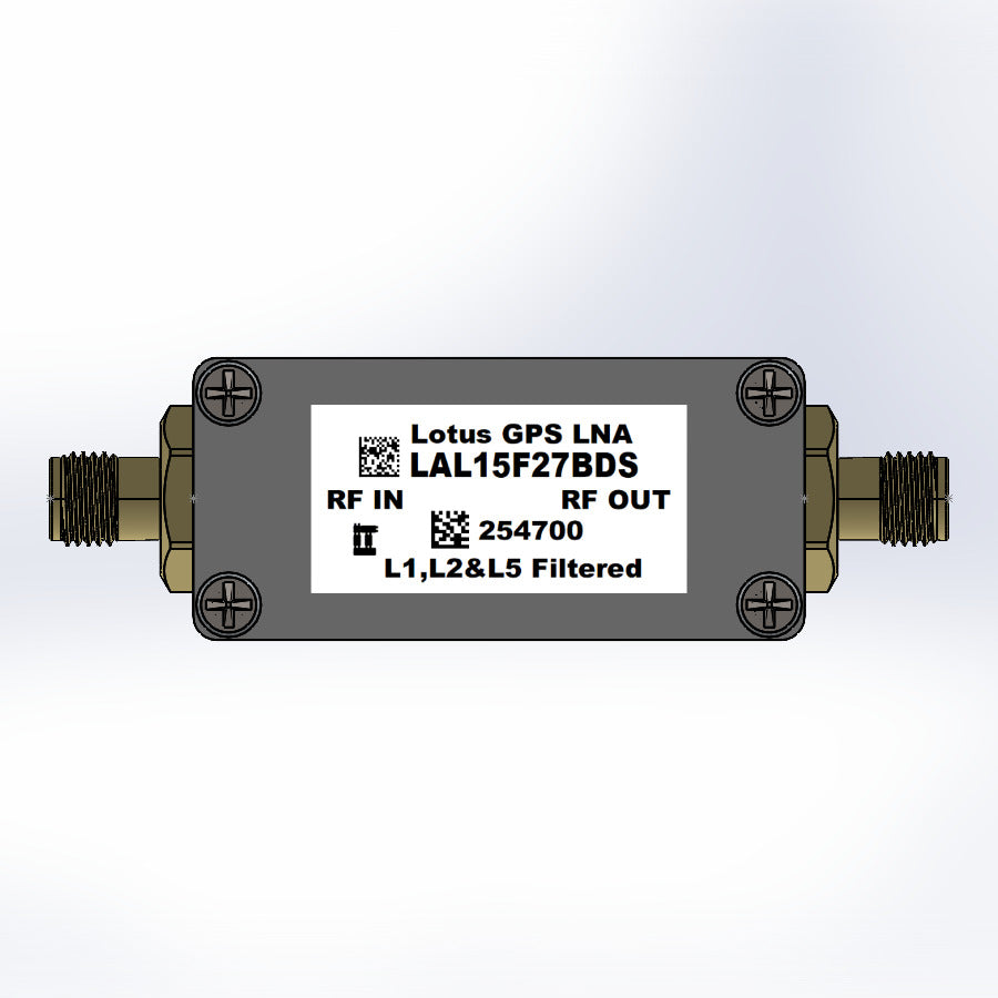 GPS/GNSS L1,L2&amp;L5 Filtered Inline Low Noise Amplifier 1.6dB NF 1.1G-1.7GHz 27dB Gain SMA