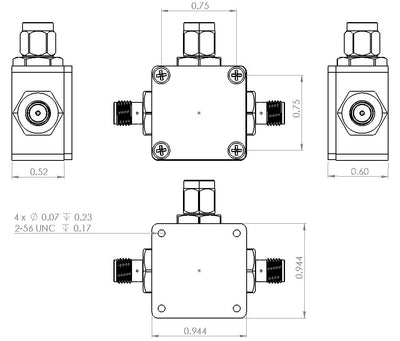 6UDD4W6H52SMAA3W Enclosure Kit for 0.040"/1mm PCB (size 0.5625"x0.5625") 3 SMA Active 0.6" Height