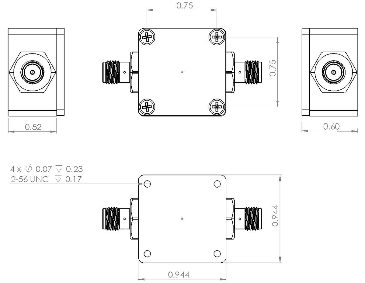 6UDD4W6H52SMAP2W Enclosure Kit for 0.040"/1mm PCB (size 0.5625"x0.5625") 2 SMA 0.6" Height