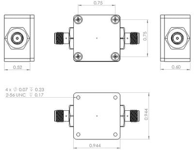 6UDD4W6H52SMAP2W Enclosure Kit for 0.040"/1mm PCB (size 0.5625"x0.5625") 2 SMA 0.6" Height