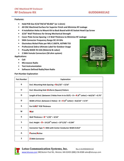6UDD6W6S1A2 Enclosure Kit for 0.062"/1.6mm PCB (size 0.5625"x0.5625") 2 SMA Active 0.58" Height