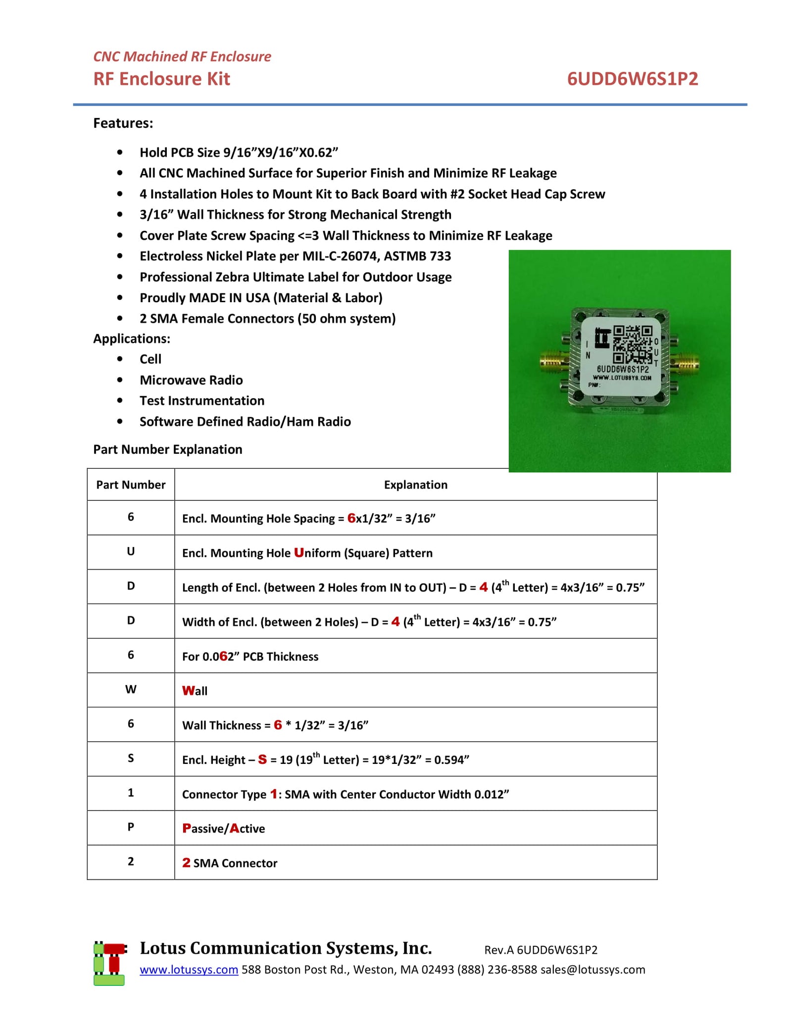 RF Enclosure Kit for 0.062"/1.6mm PCB (size 9/16"X9/16") Passive SMA Connector