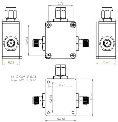 6UDE4W6H52SMAA3W Enclosure Kit for 0.040"/1mm PCB (size 9/16"x3/4") 3 SMA Active 0.6" Height