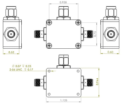 6UED4W6H52SMAA3W Enclosure Kit for 0.040"/1mm PCB (size 3/4"x9/16") 3 SMA Active 0.6" Height