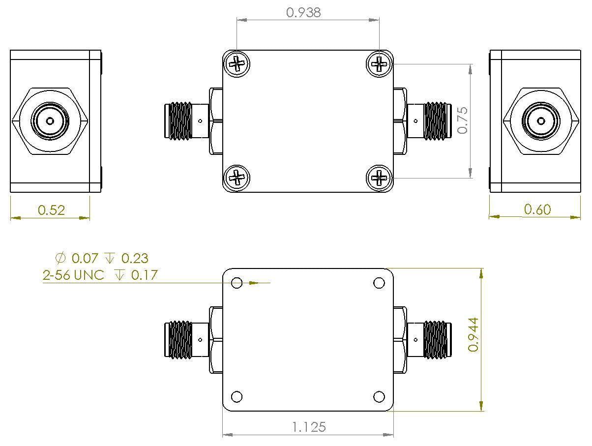 6UED4W6H52SMAP2W Enclosure Kit for 0.040"/1mm PCB (size 3/4"x9/16") 2 SMA 0.6" Height