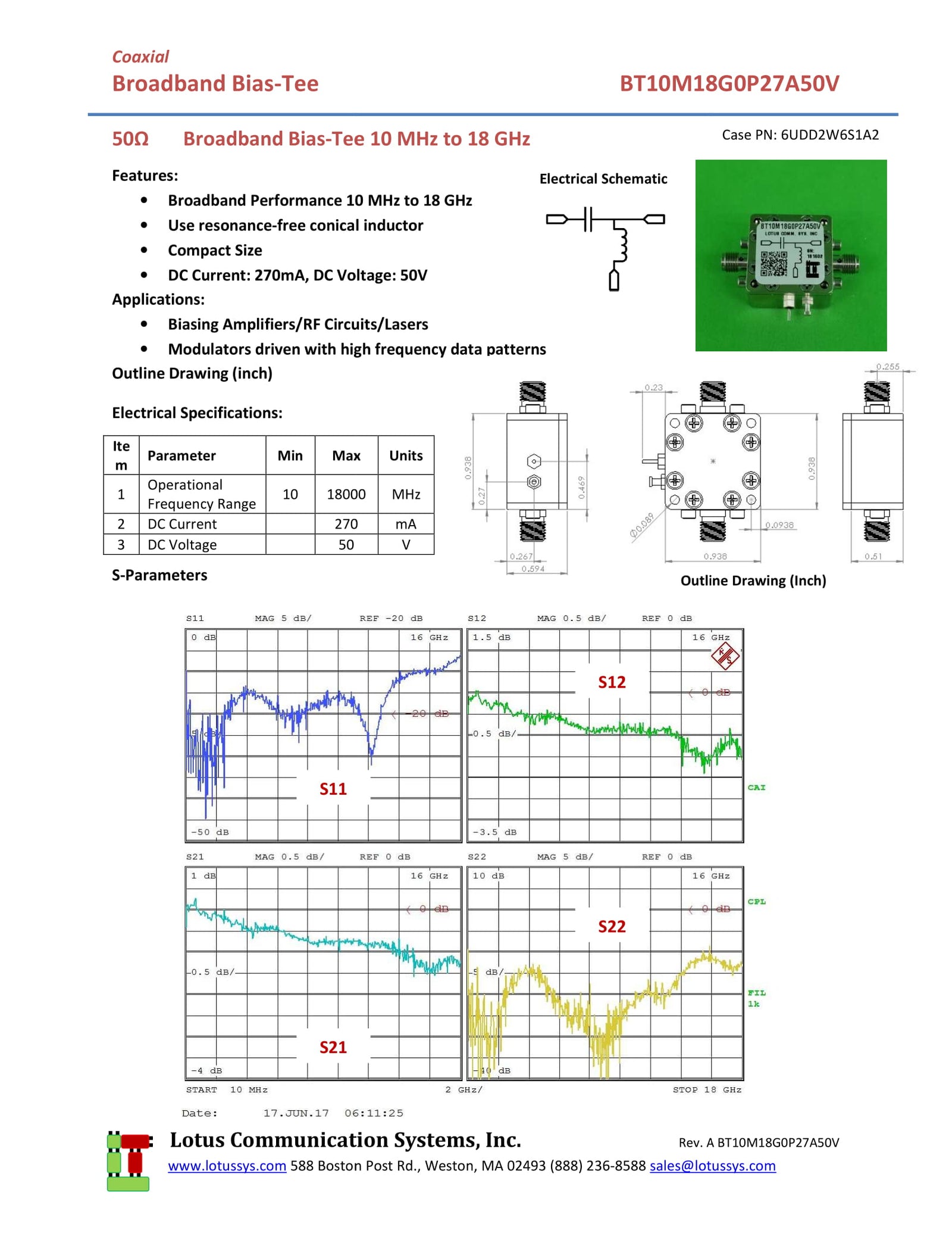 Bias Tee Broadband 10 MHz to 18 GHz (Max. 270mA) 50V DC