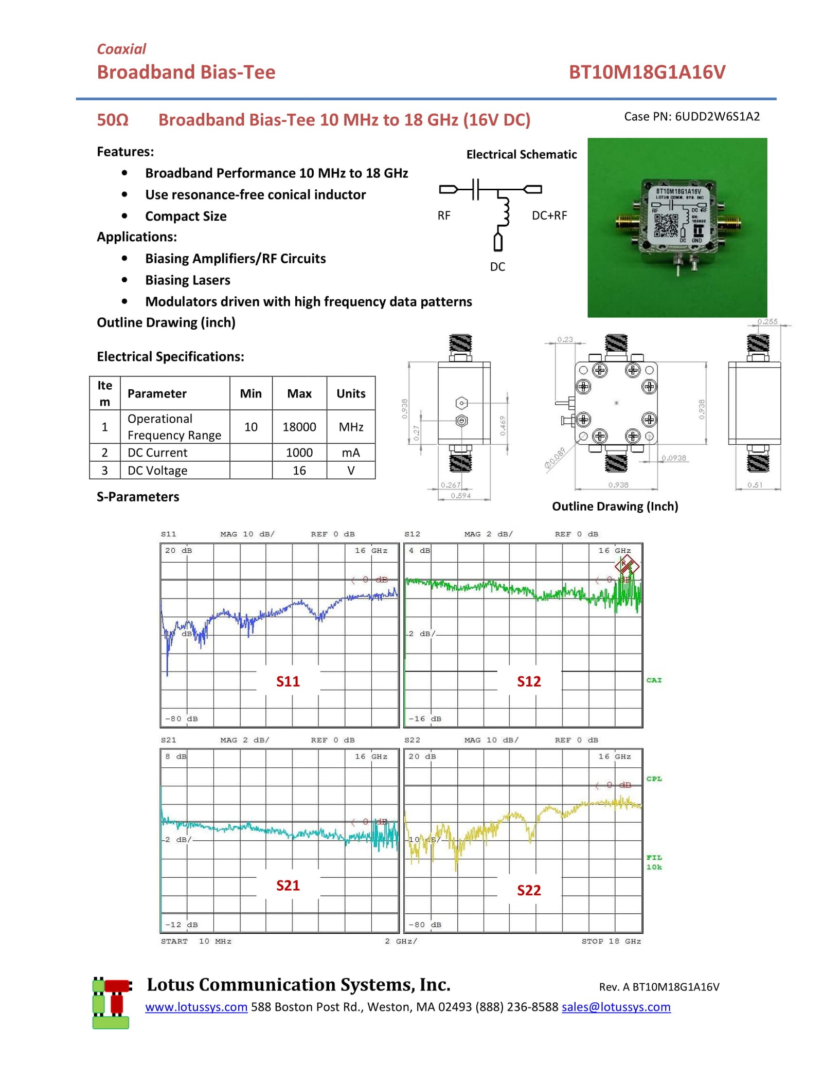 Bias Tee Broadband 10 MHz to 18 GHz (Max. 1A) 16V DC