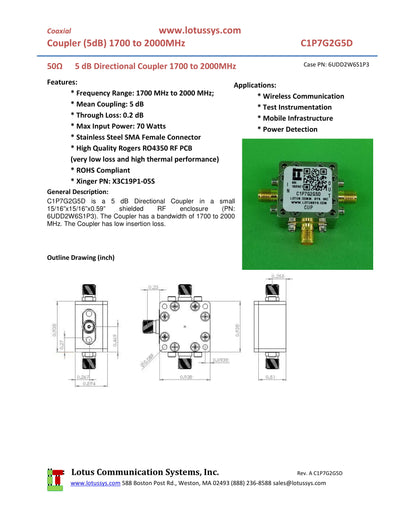 Directional Coupler 1700 MHz to 2000 MHz 5dB 70W Low Insertion Loss