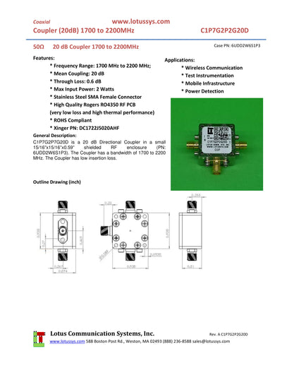 Directional Coupler 1.7 GHz to 2.2 GHz 20dB 2W Low Insertion Loss