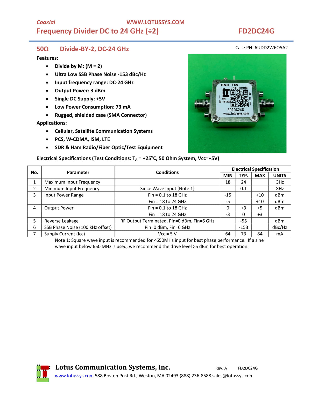 Frequency Divider/Prescaler Divide by 2 (DC to 24 GHz) FD2DC24G